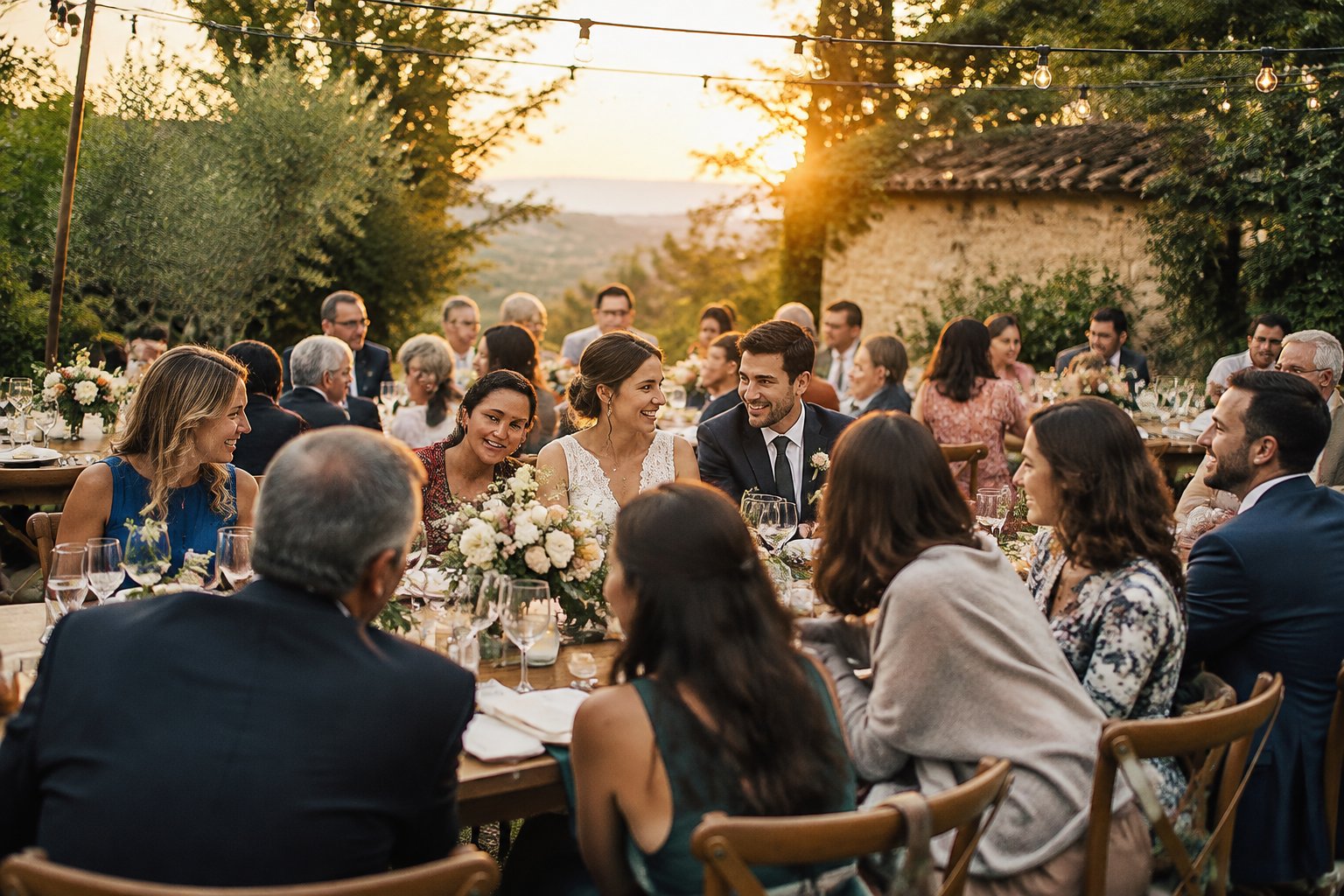 A couple celebrates their wedding with guests gathered around tables in a garden.