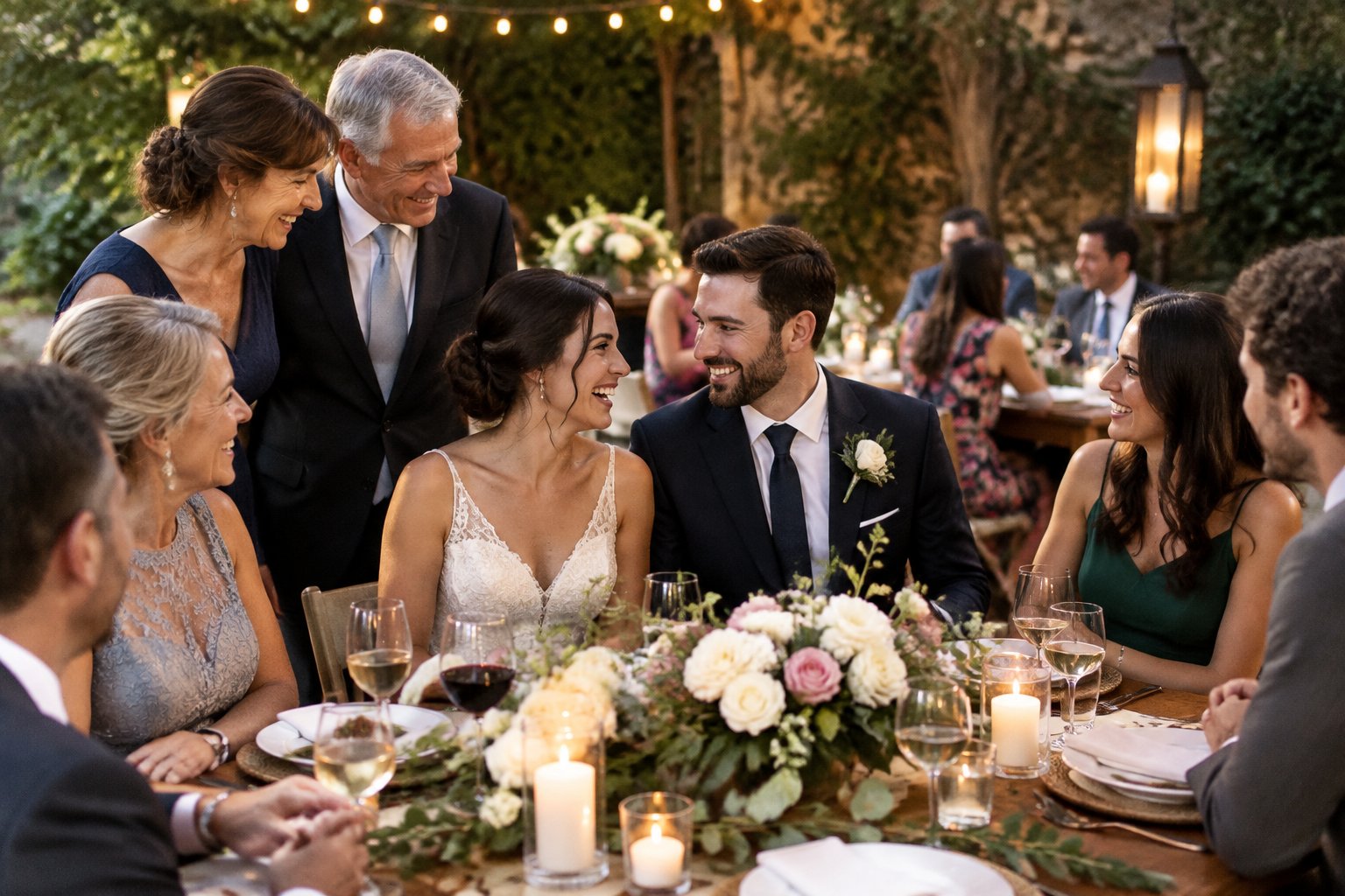 A couple celebrates their wedding with family and friends at an intimate reception.