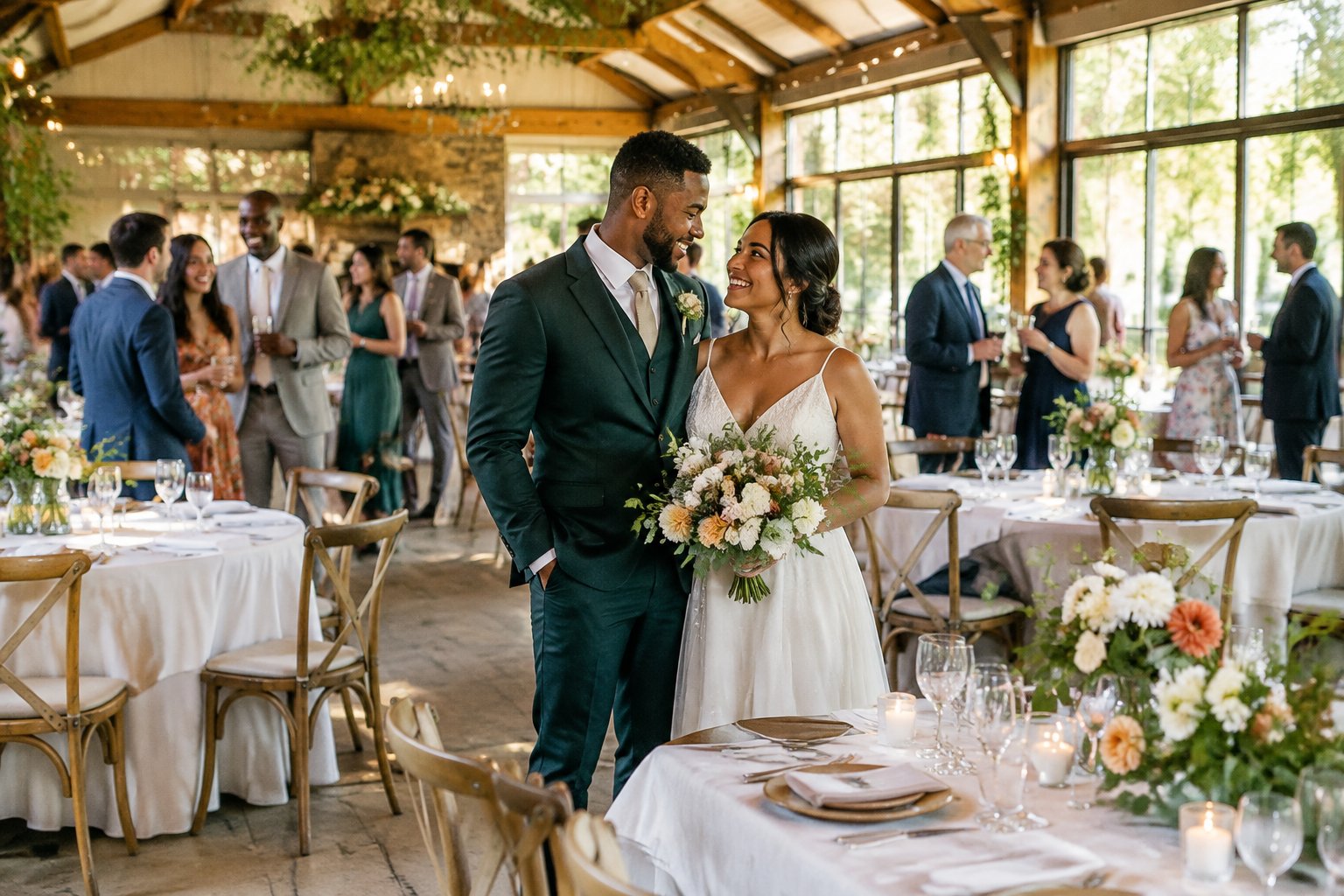 A couple celebrates with guests at an intimate wedding reception in a small venue.