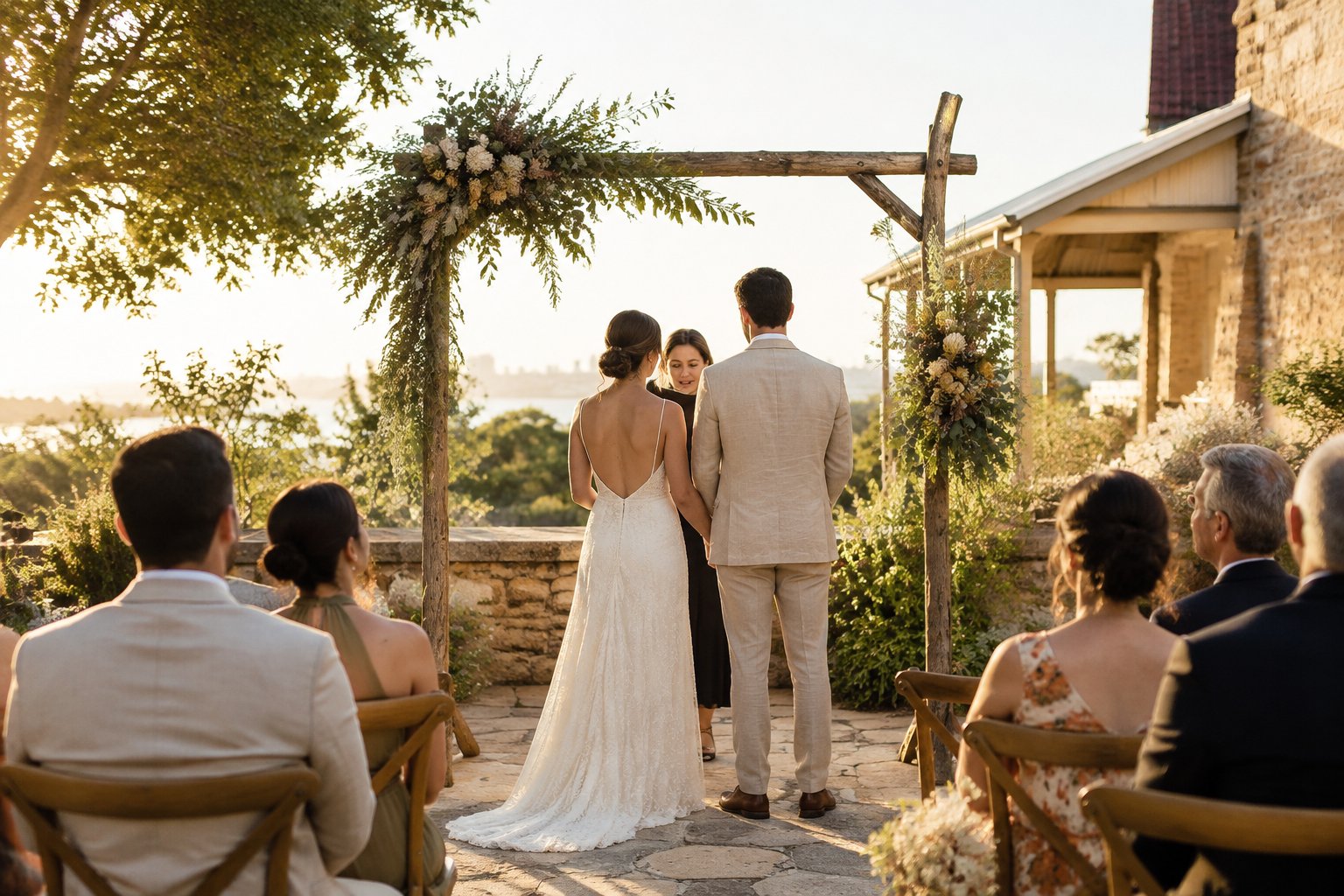 A couple exchanges vows beneath a flower-covered arch as guests watch in a courtyard.