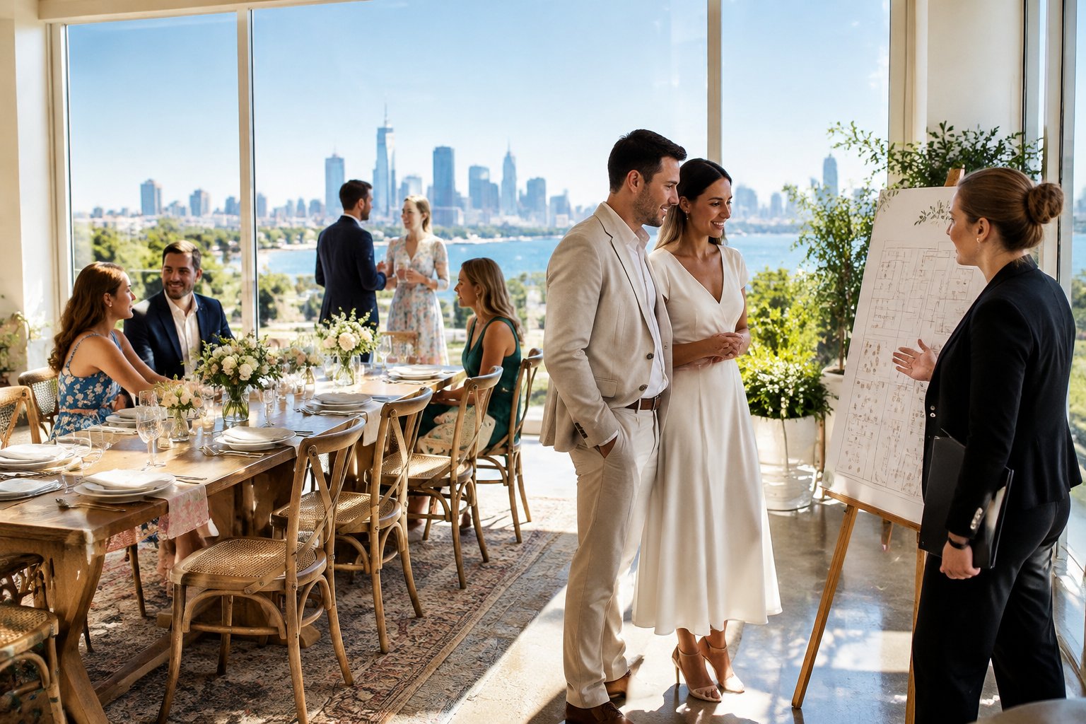 A couple and venue coordinator review a seating arrangement in a small wedding venue.