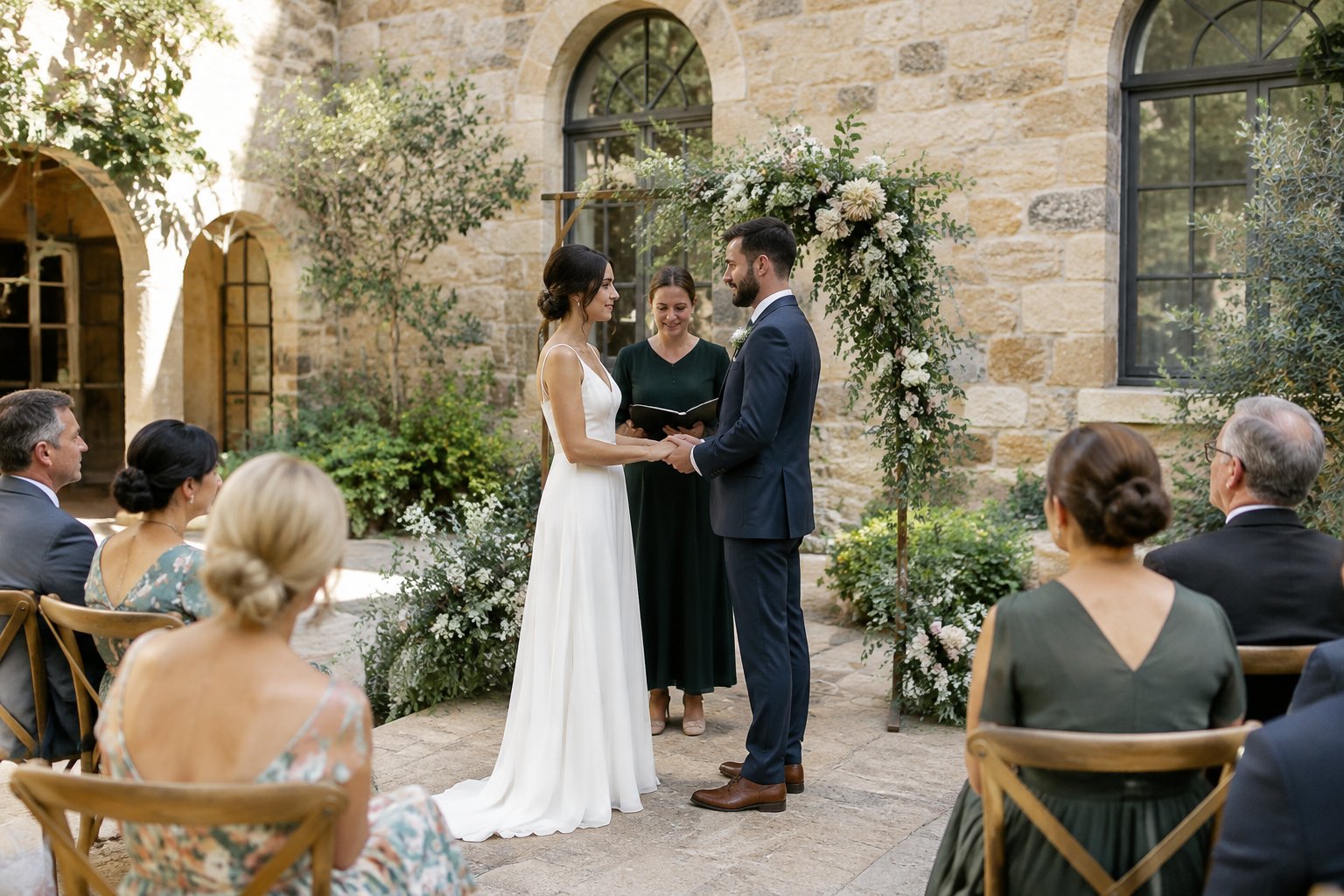 A couple exchanges vows in a heritage courtyard as guests look on.