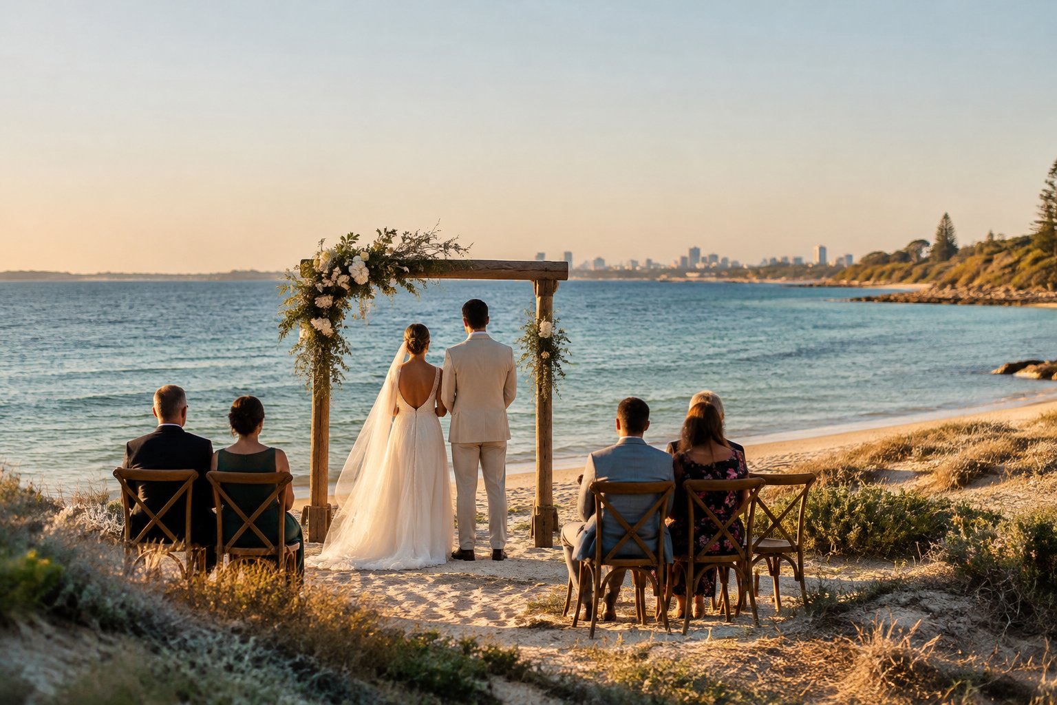 A couple exchanges vows beneath a flower-decorated arch beside the water as a small group of guests watches.