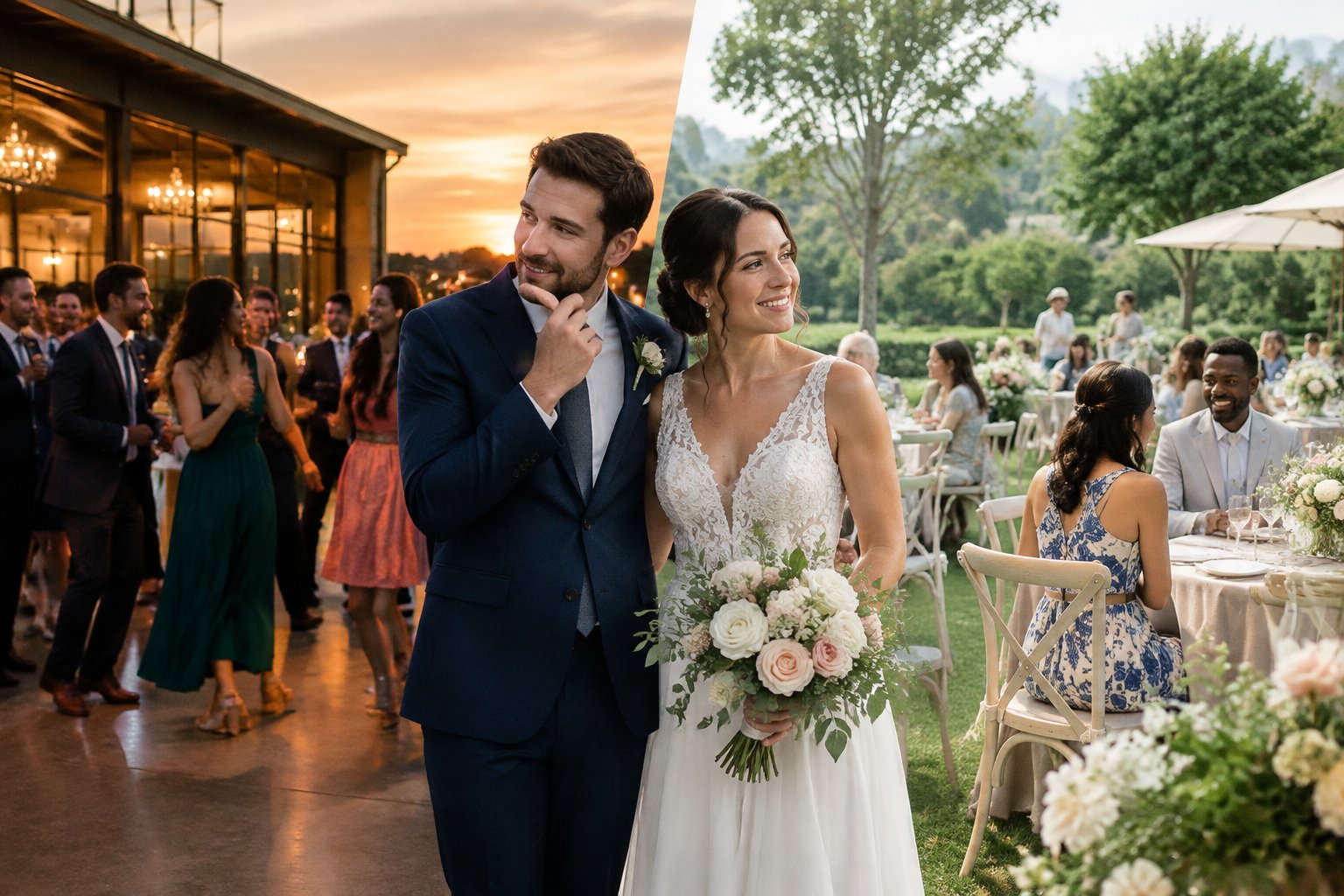 A couple in wedding attire considers two reception settings with guests nearby.