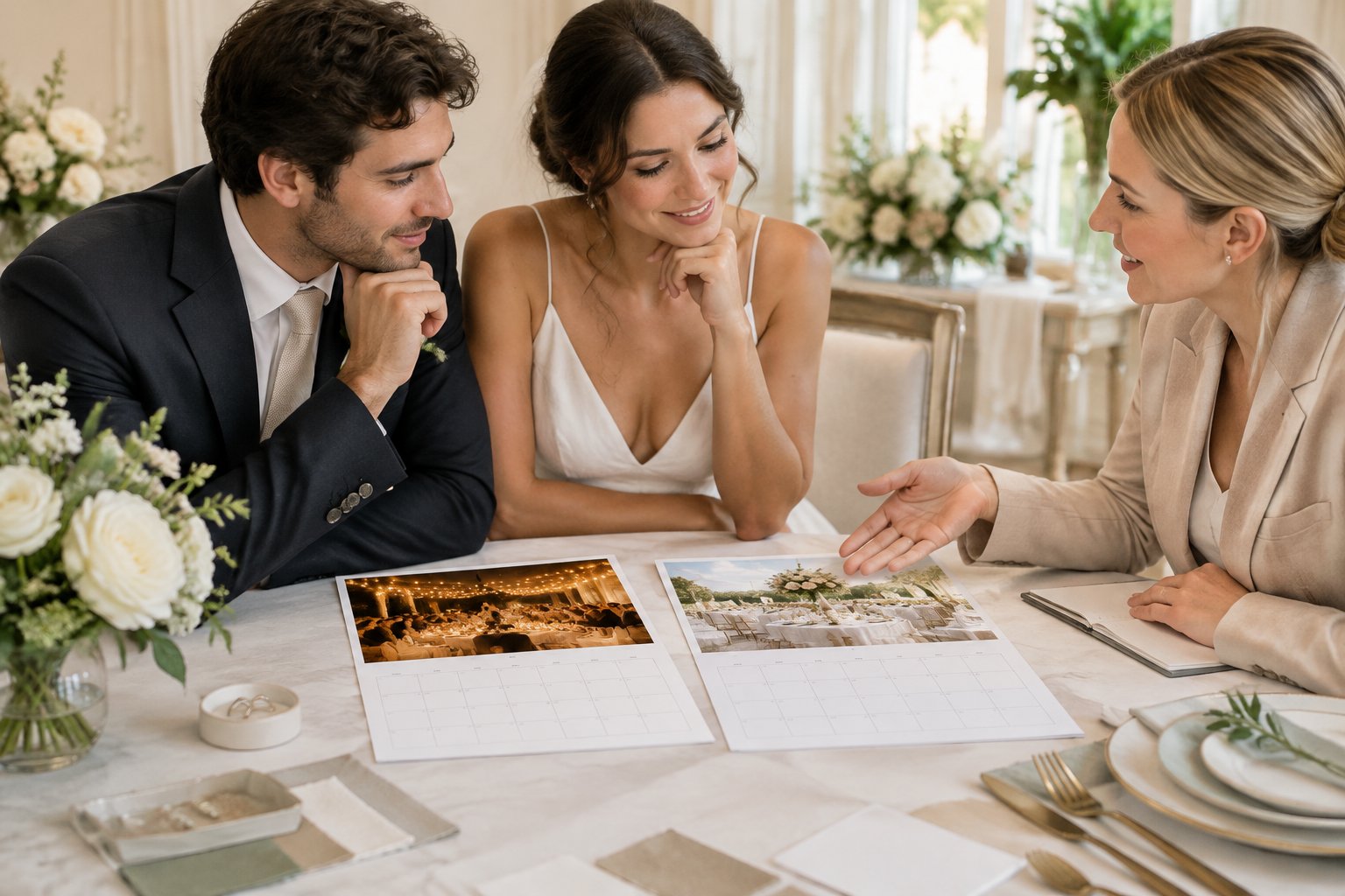 A couple and wedding planner compare two wedding-day options at a table.
