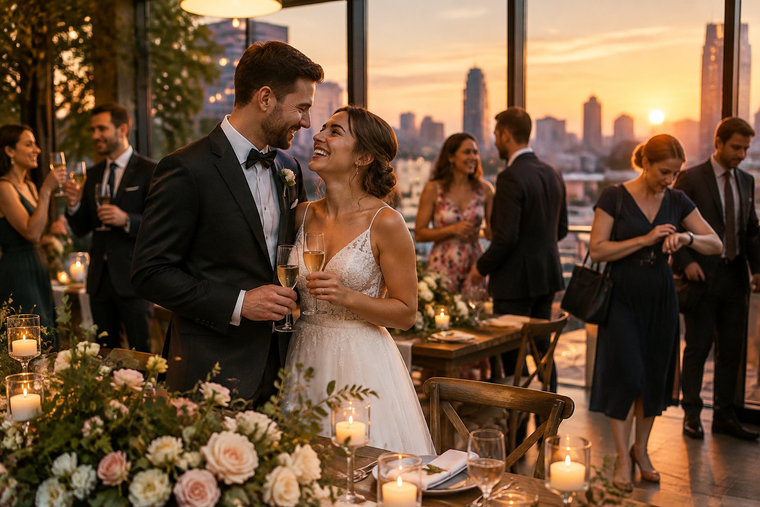 A newlywed couple celebrates with guests at an evening wedding reception.