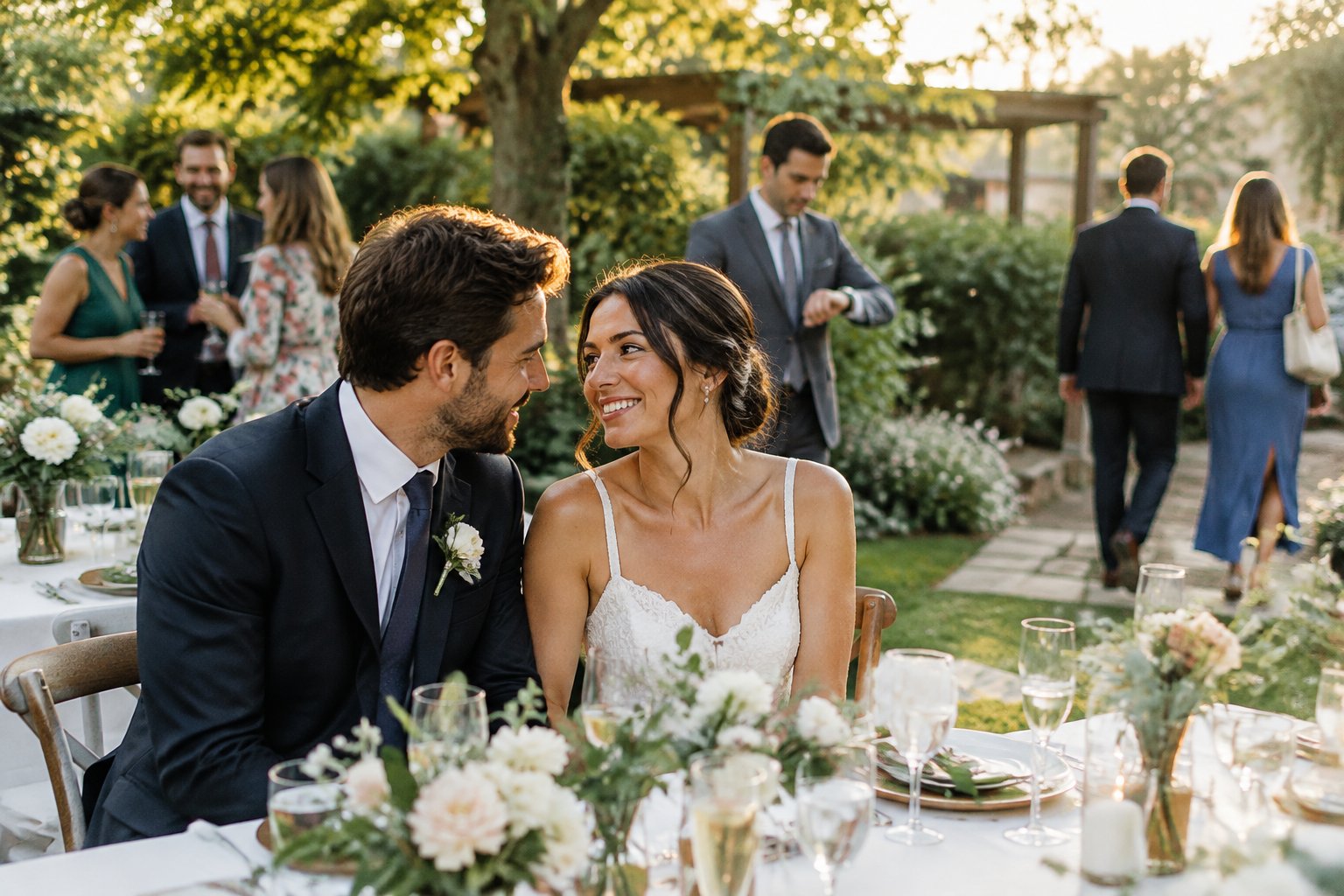 A newly married couple share a moment at a relaxed garden wedding reception as guests mingle nearby.