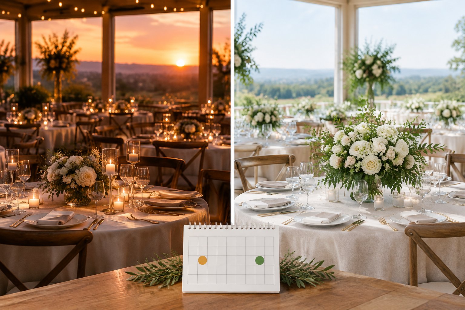 A wedding reception venue arranged to compare a Friday evening celebration with a Sunday daytime gathering.