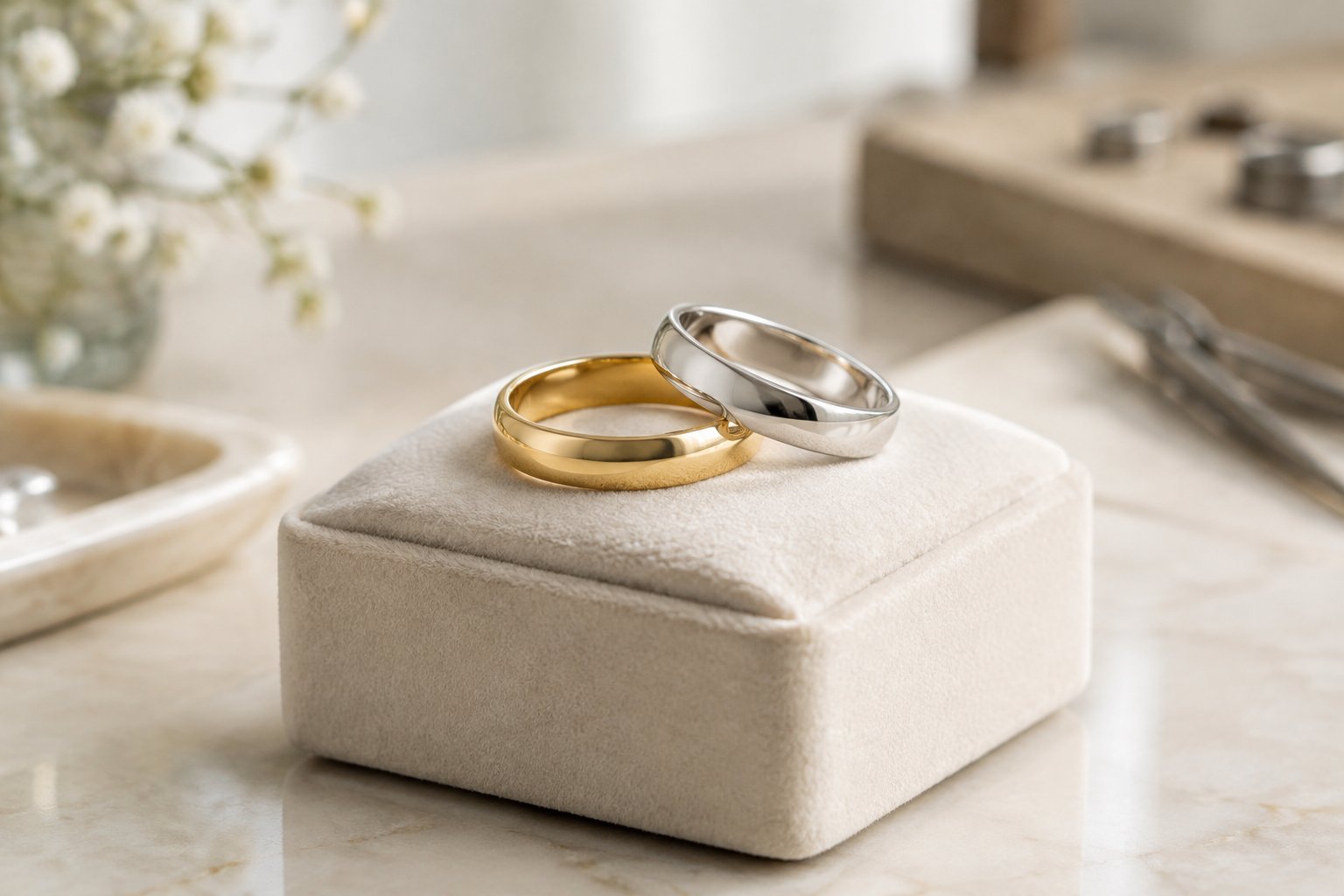 Two wedding bands displayed together on a jewelry stand.