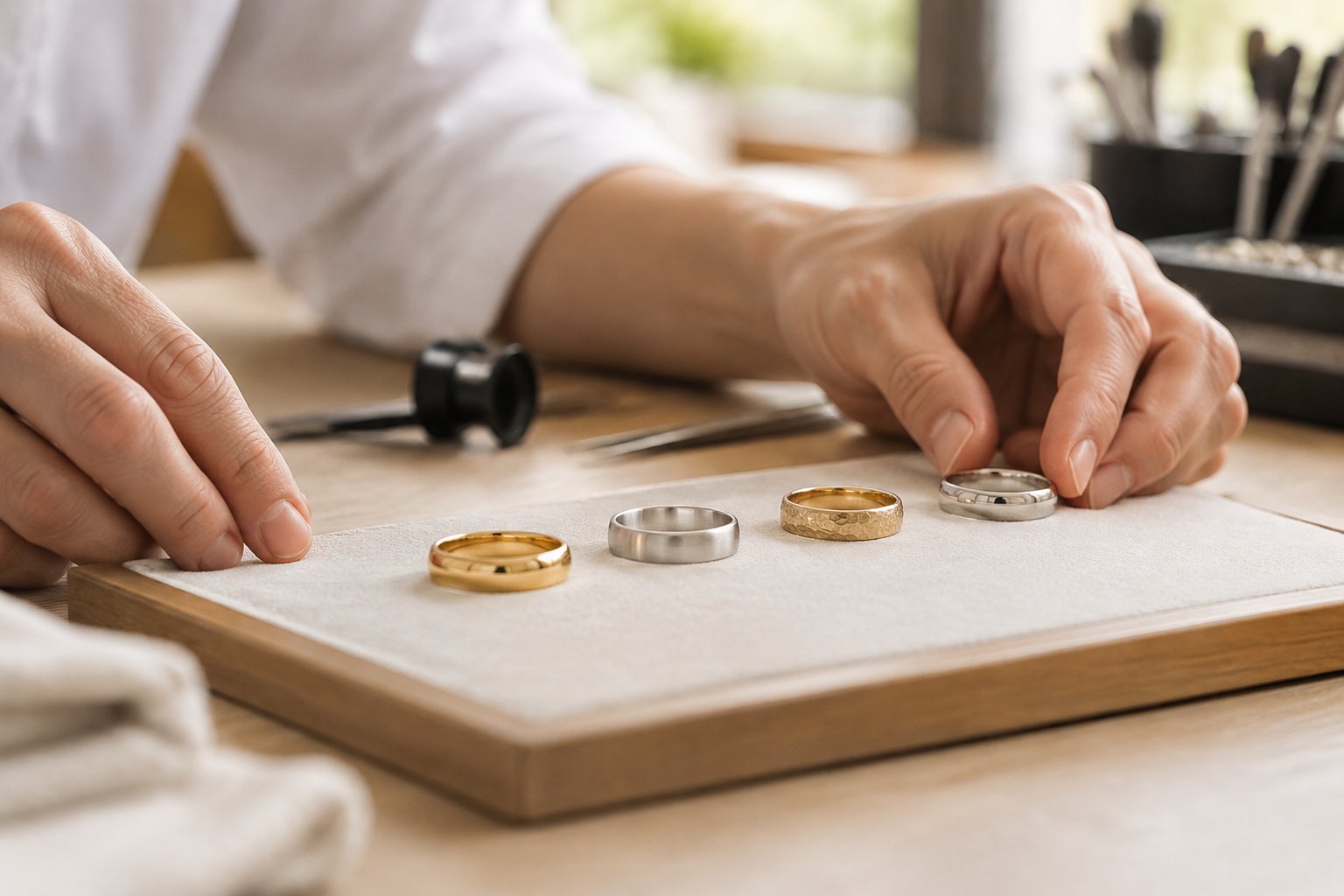 A jeweler presents several wedding bands on a display surface.