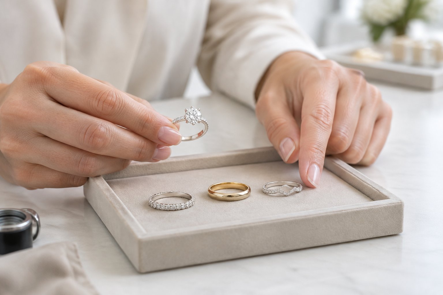 A jeweler compares wedding bands beside a diamond engagement ring.