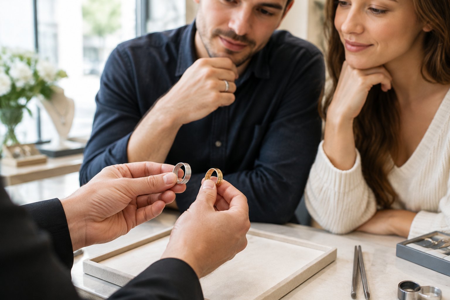 A jeweler shows two wedding bands to a couple.