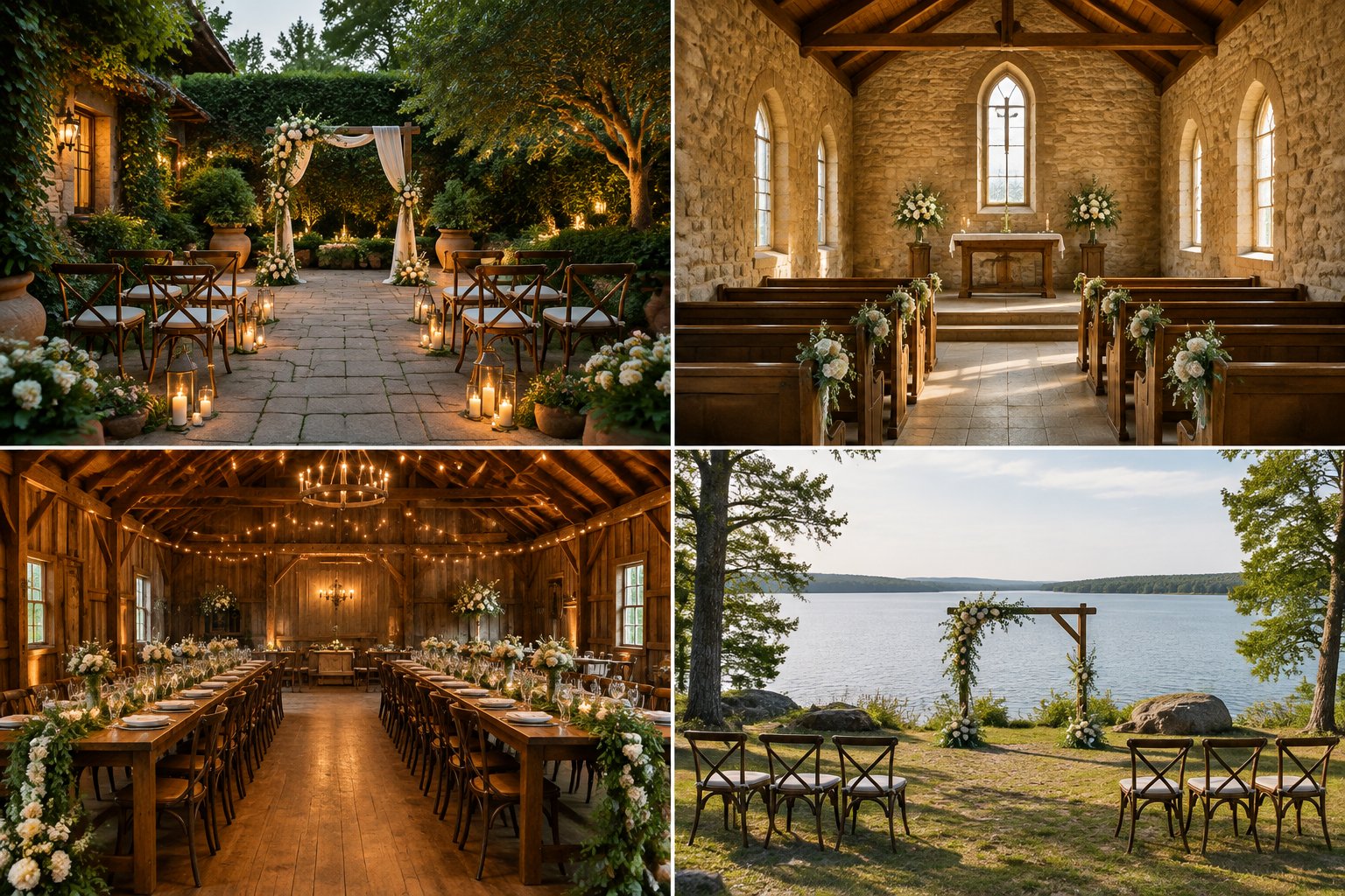 Four small wedding venues: a garden courtyard, a chapel, a barn reception space, and a lakeside ceremony setting.