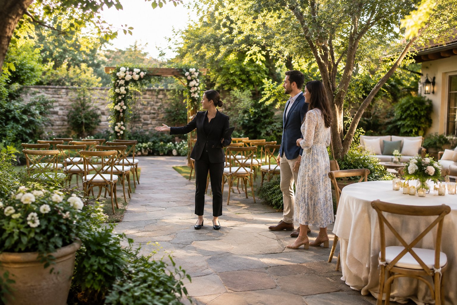 A couple and venue coordinator look over a small garden wedding ceremony setup.