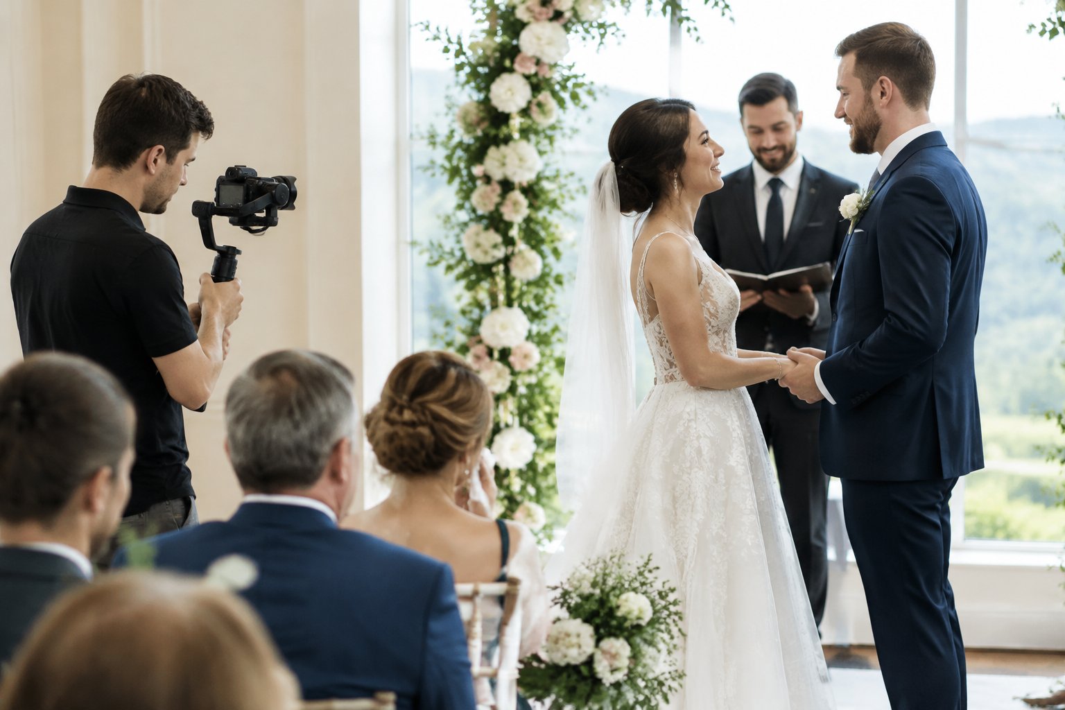 A videographer films a couple exchanging vows as their guests watch.