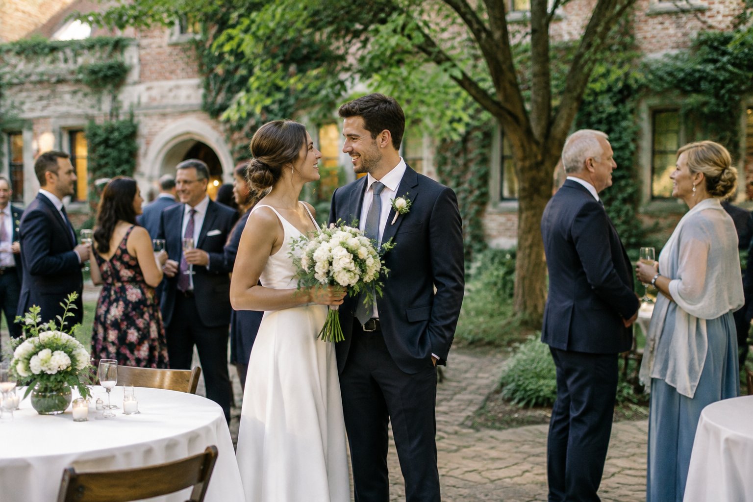 A newlywed couple celebrates with a small group of guests in a leafy courtyard.