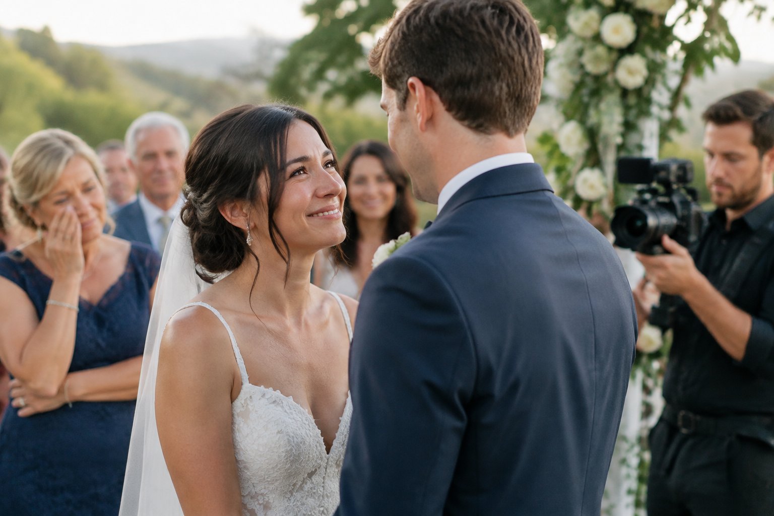 A newlywed couple share a tender glance as a videographer records their ceremony.
