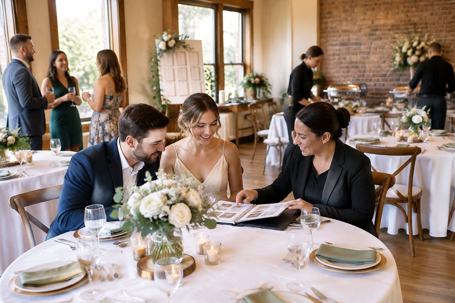 A couple reviews wedding arrangements with a venue coordinator as guests gather nearby.