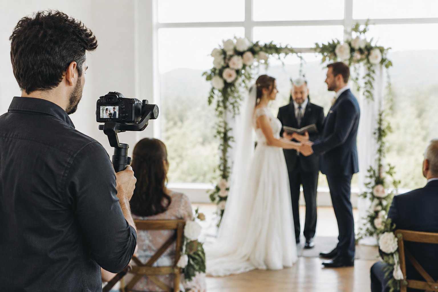 A videographer films a couple exchanging vows at their wedding.