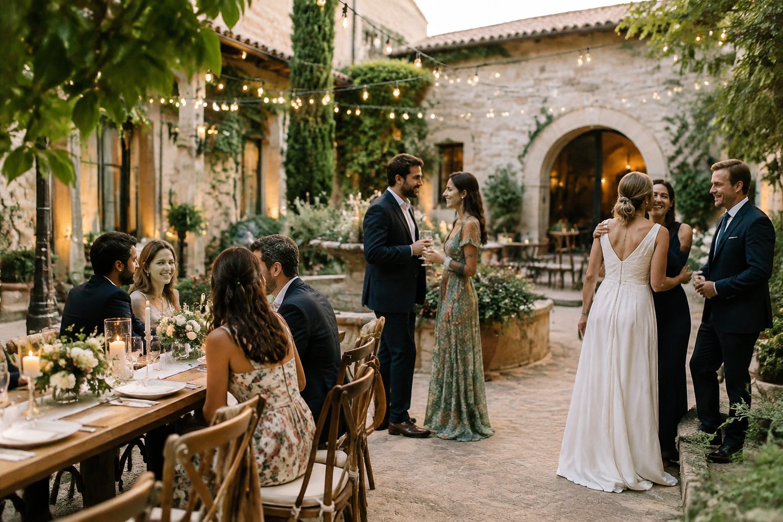 Wedding guests gather around a decorated courtyard table.