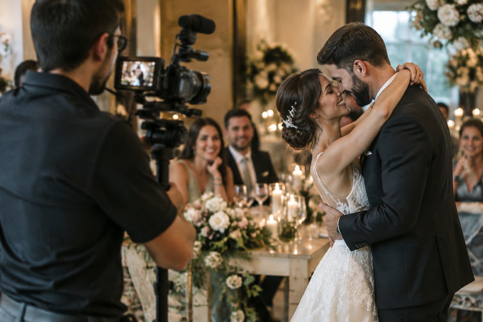 A wedding videographer films a newlywed couple sharing a moment at their reception.
