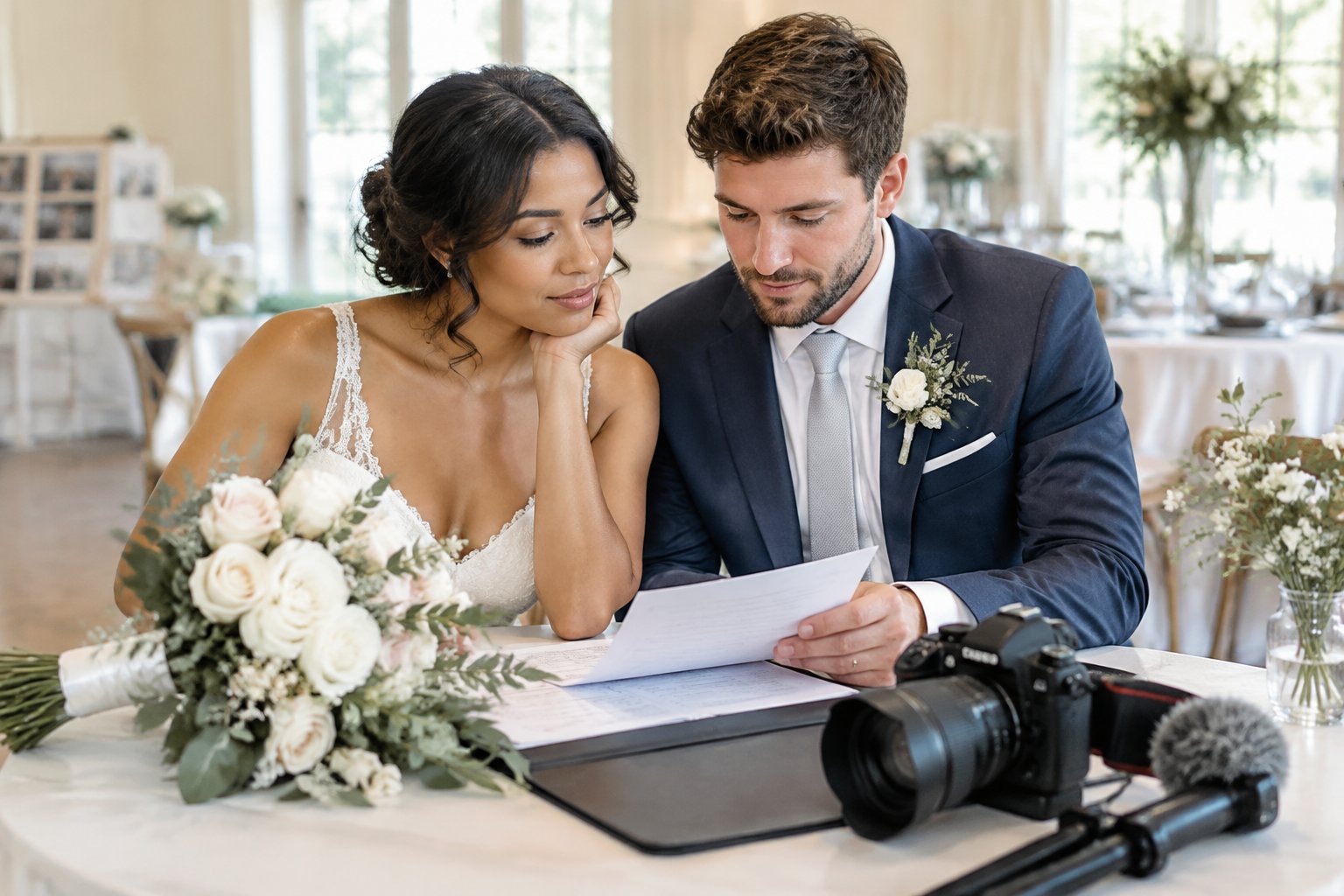 A couple reviews wedding plans and a camera together at a table.