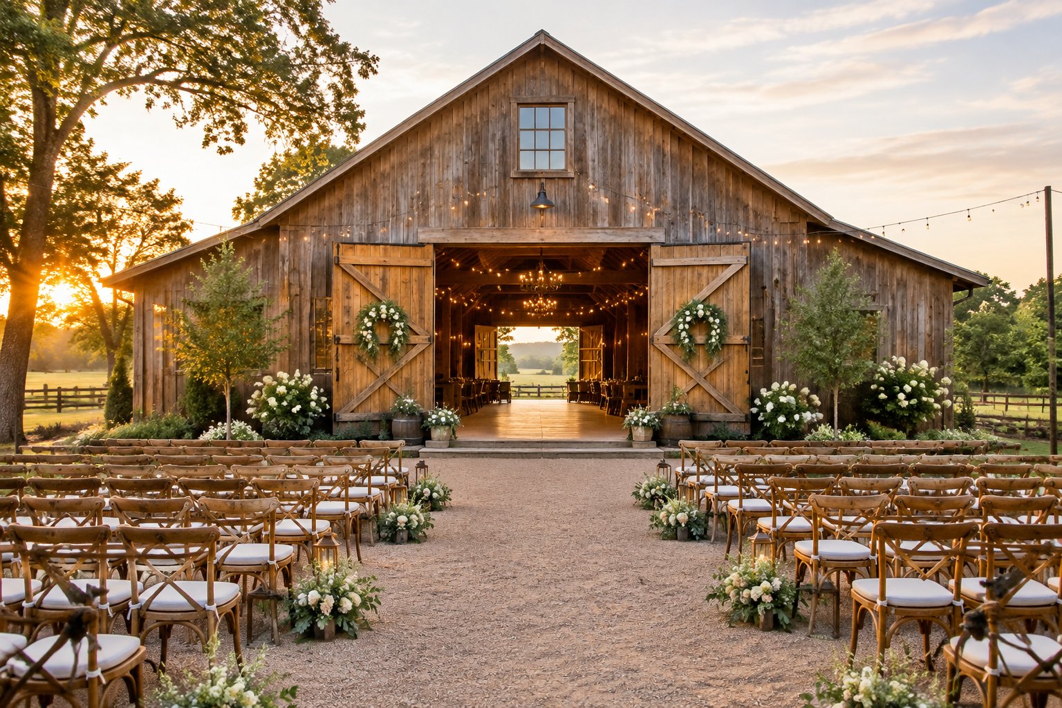 A rustic barn wedding venue with ceremony seating and floral decorations.