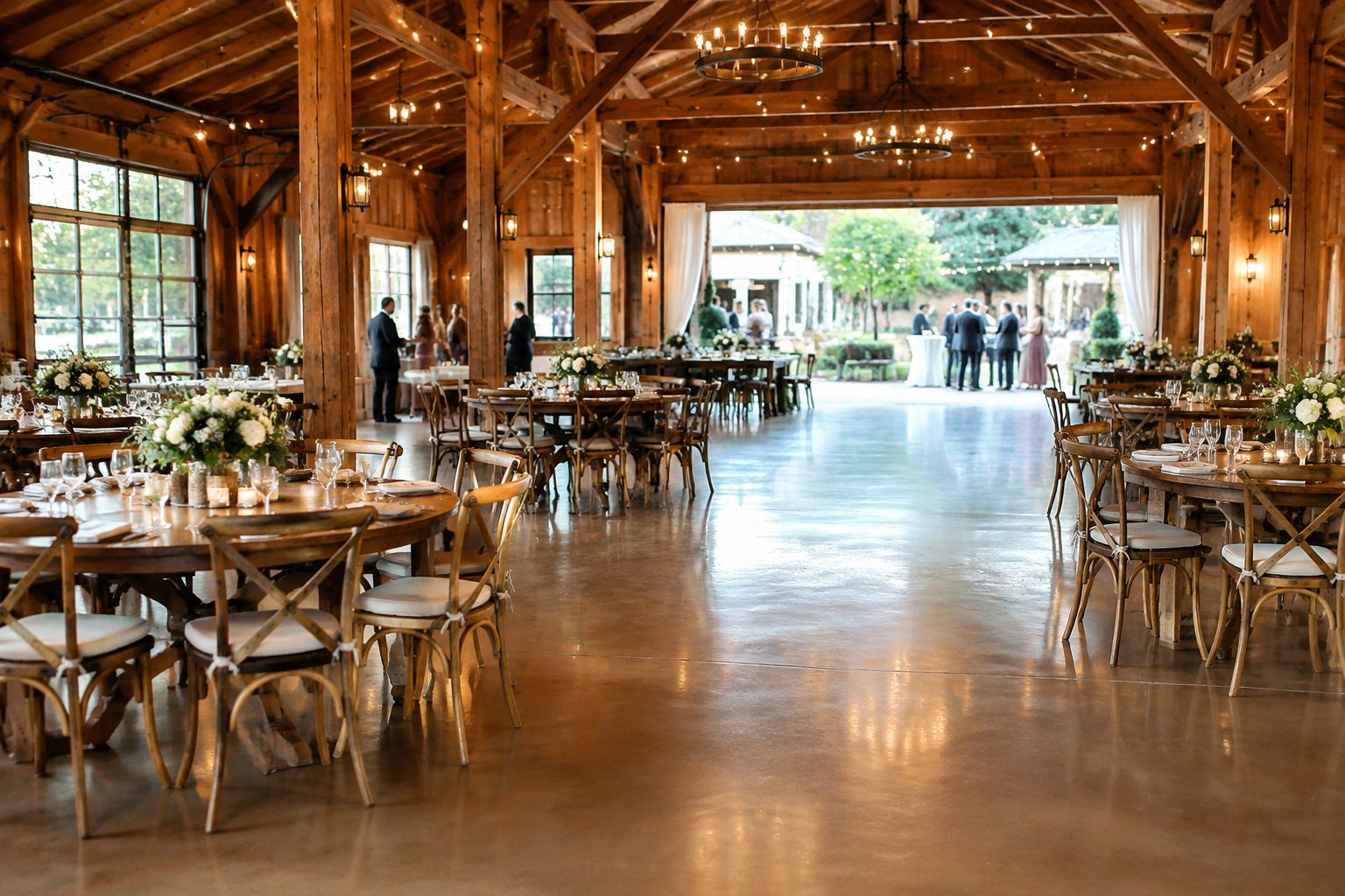 A barn wedding venue set with tables and chairs for a celebration.