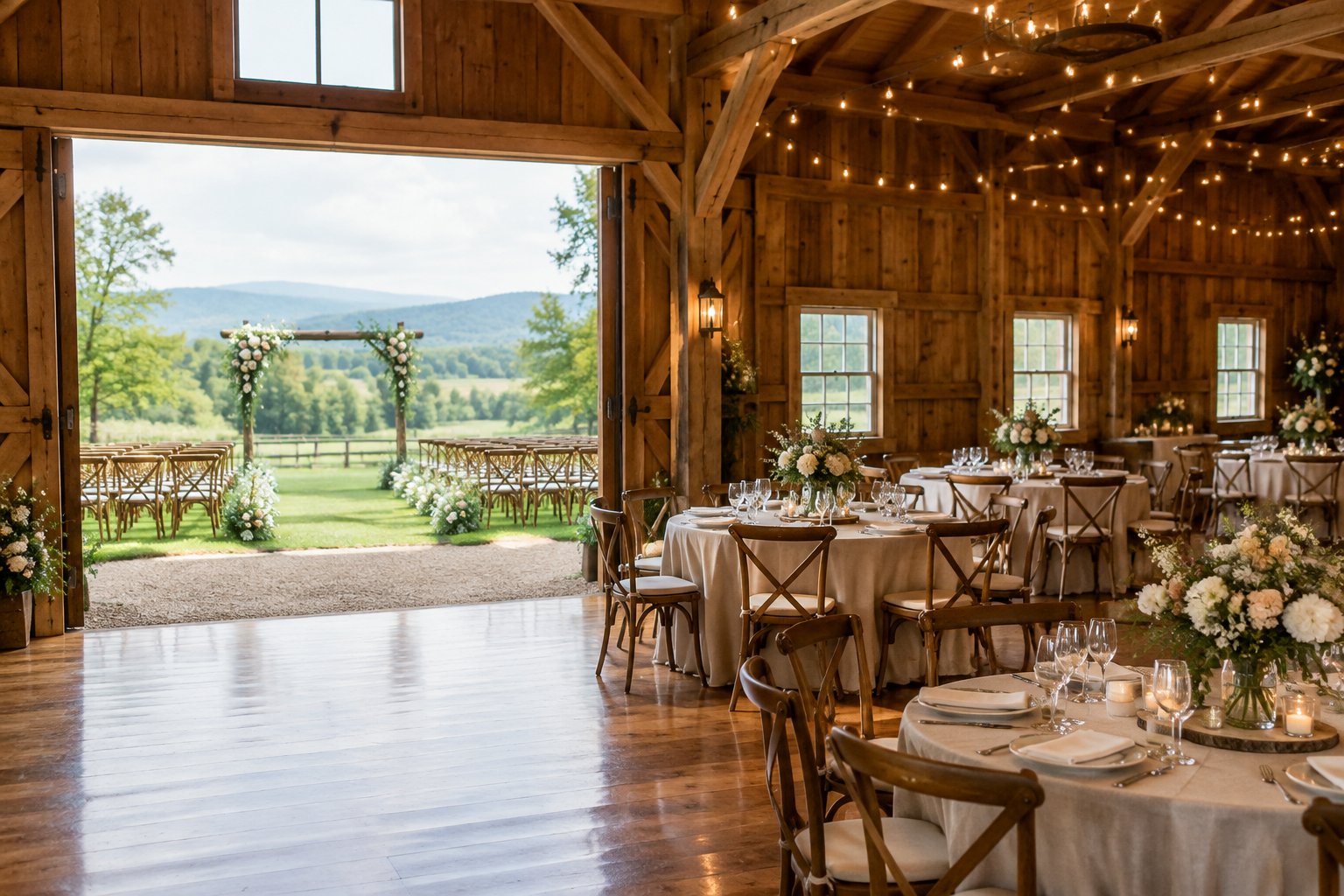A barn wedding venue with a garden ceremony setup and decorated reception tables.