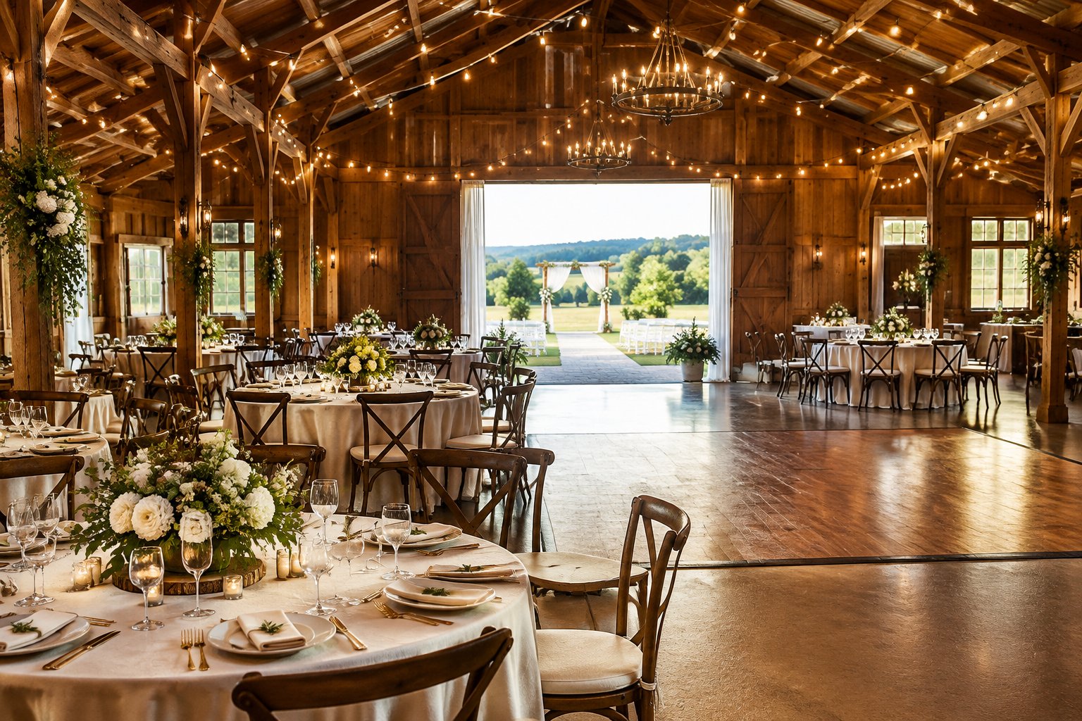 A decorated barn reception space with tables, flowers, string lights, and a countryside view.