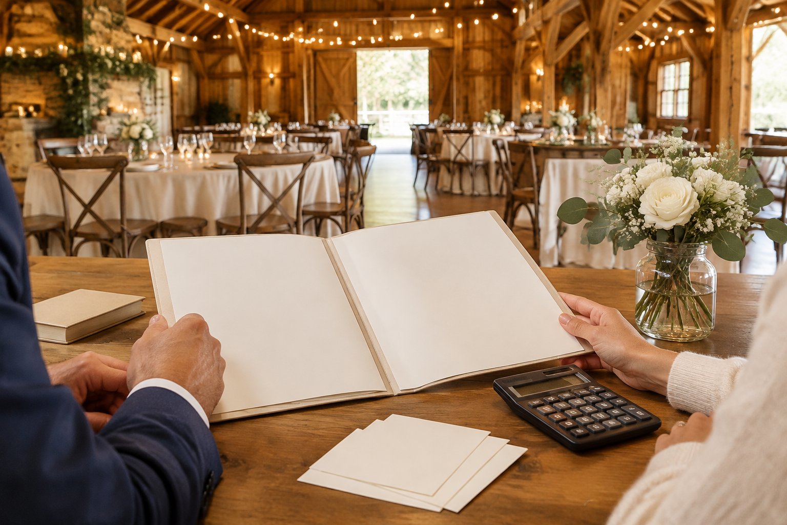 A couple reviews wedding plans at a table inside a decorated barn reception venue.
