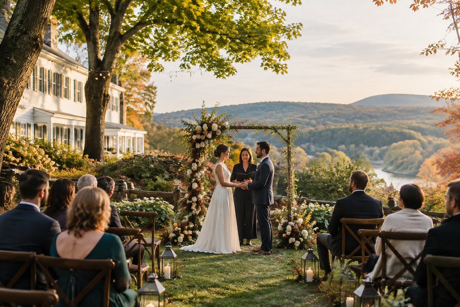 A couple exchanges wedding vows beneath a flower arch as guests watch in a garden surrounded by green hills.