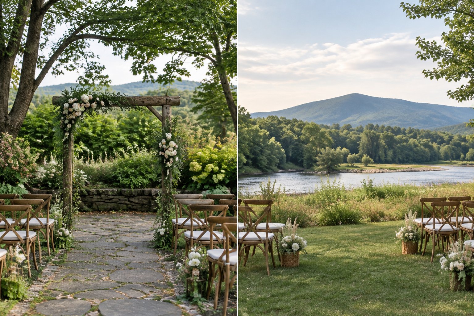 Two intimate wedding ceremony settings in a lush Vermont landscape.