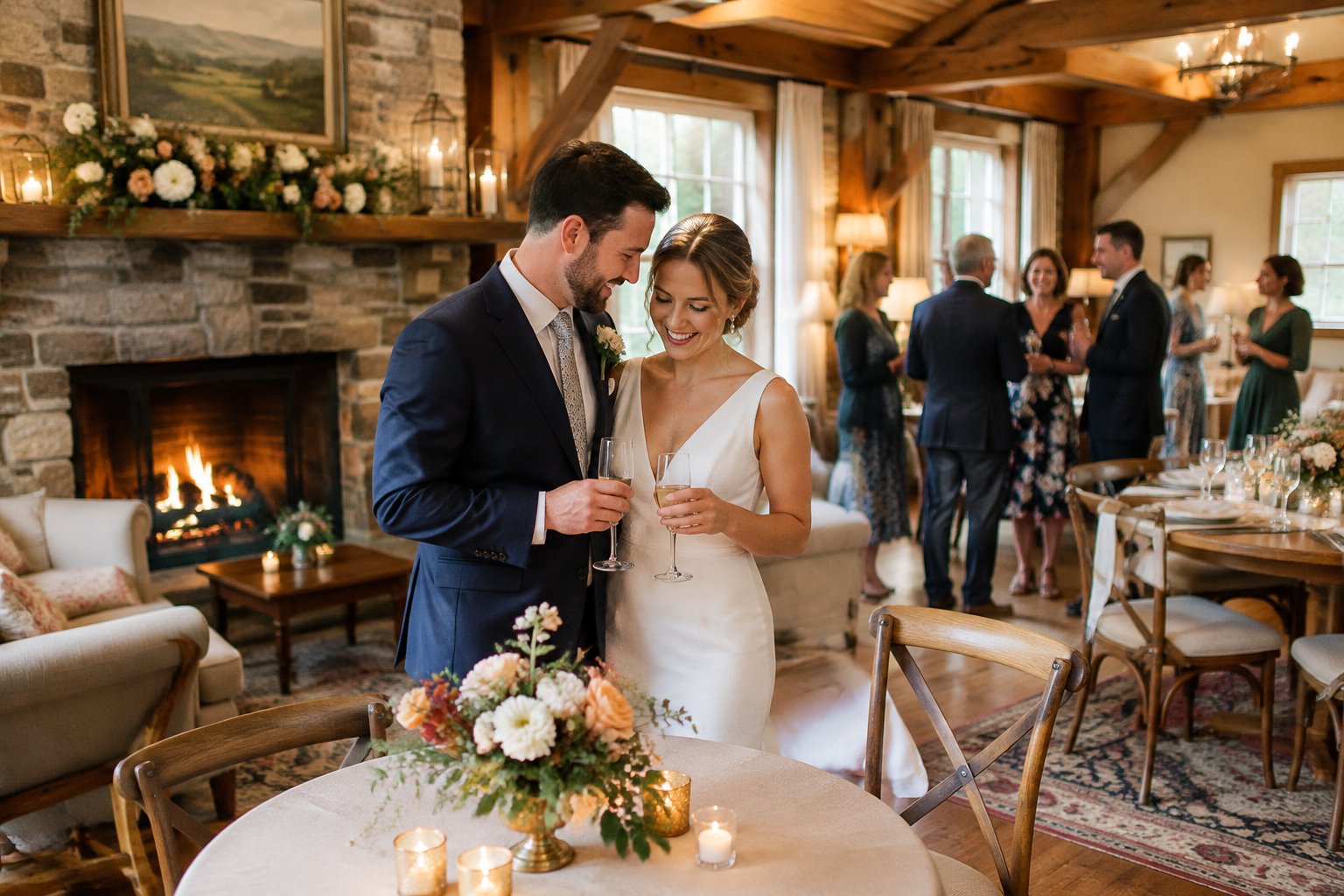 A couple celebrates their wedding with a small group of guests in a country inn reception room.