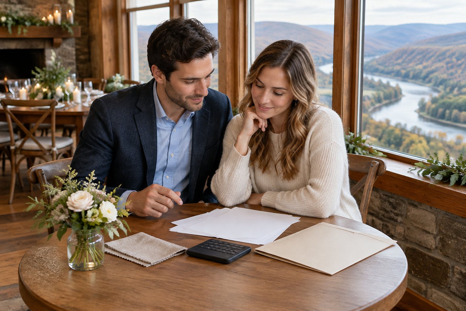 A couple reviews wedding plans at a table overlooking the Vermont countryside.