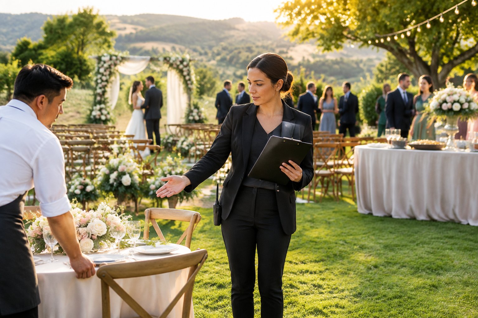 A wedding coordinator checks the venue setup as guests arrive and the couple prepares to celebrate.