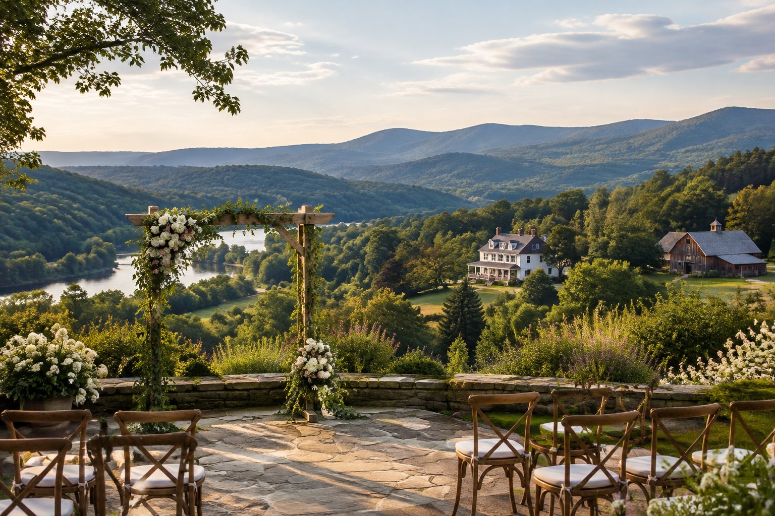 A small outdoor wedding setup overlooking a Vermont mountain valley, with an inn and barn among the trees.