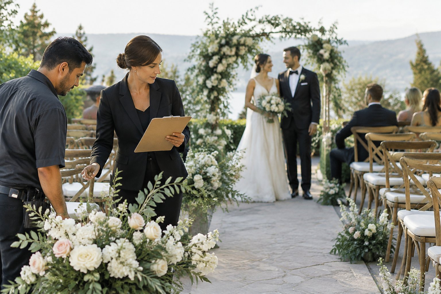 A wedding coordinator checks a clipboard while the couple enjoy a relaxed moment at their outdoor ceremony.