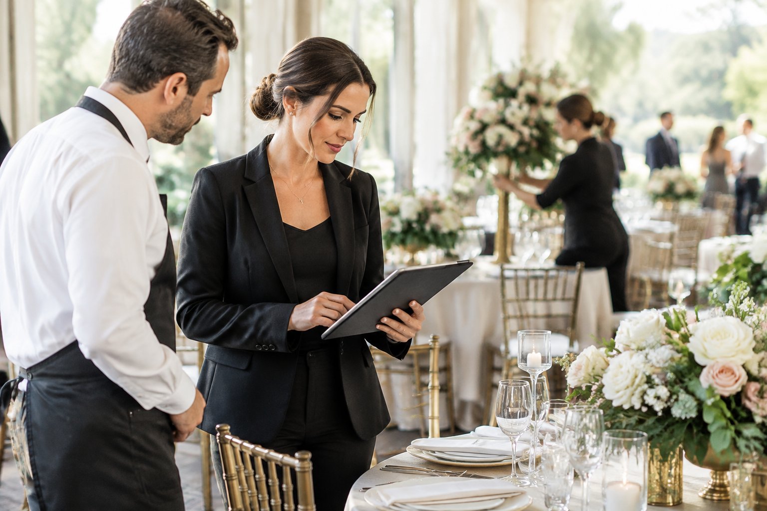 A wedding coordinator checks a clipboard while overseeing reception preparations.