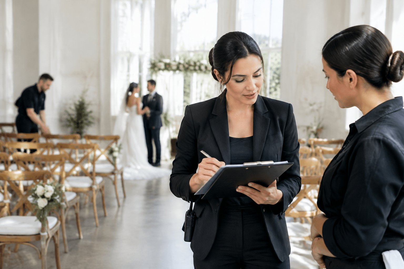 A wedding coordinator reviews a clipboard while checking the ceremony setup with a venue staff member.