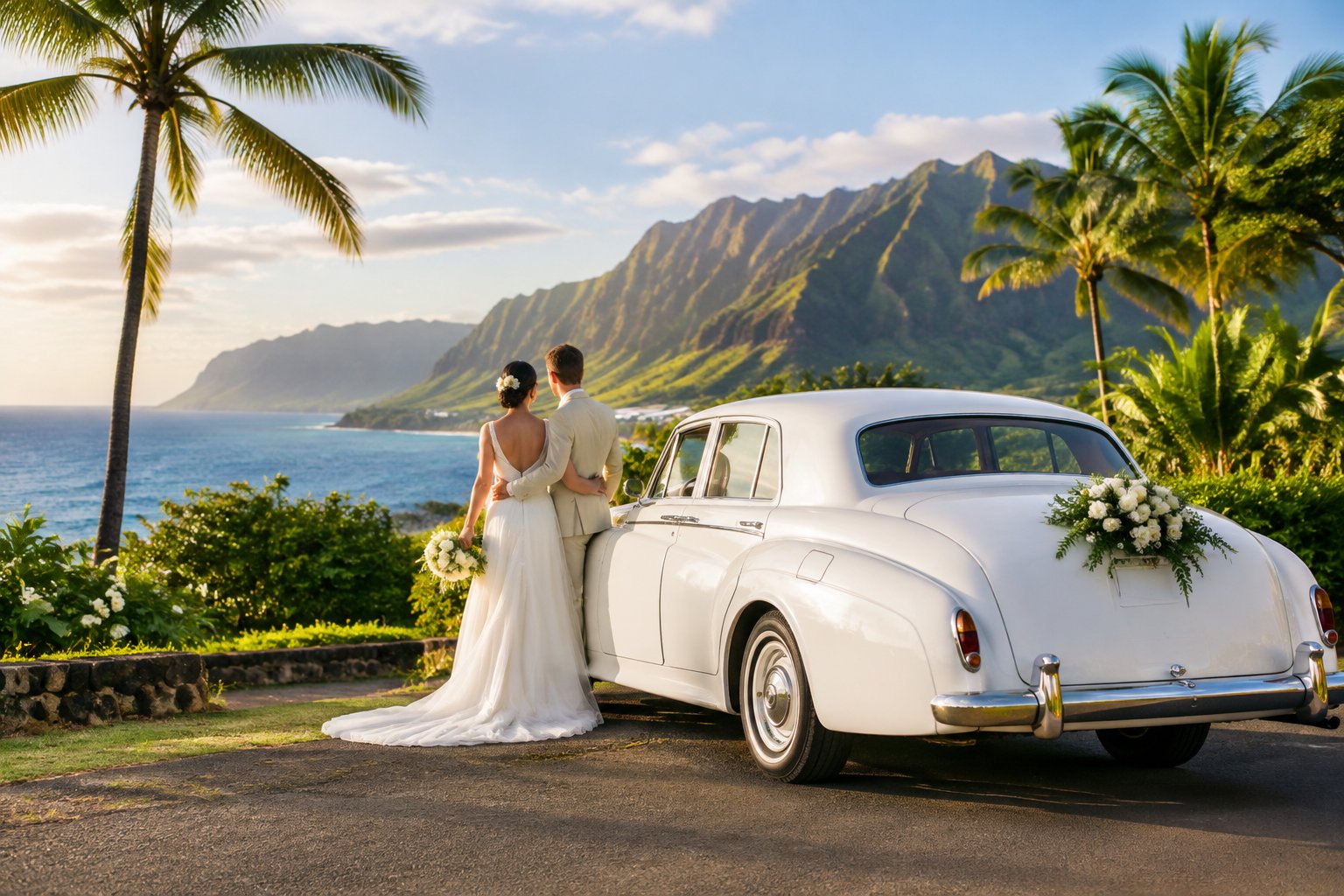 A bride and groom stand beside a decorated white car on a coastal road in Kauai.