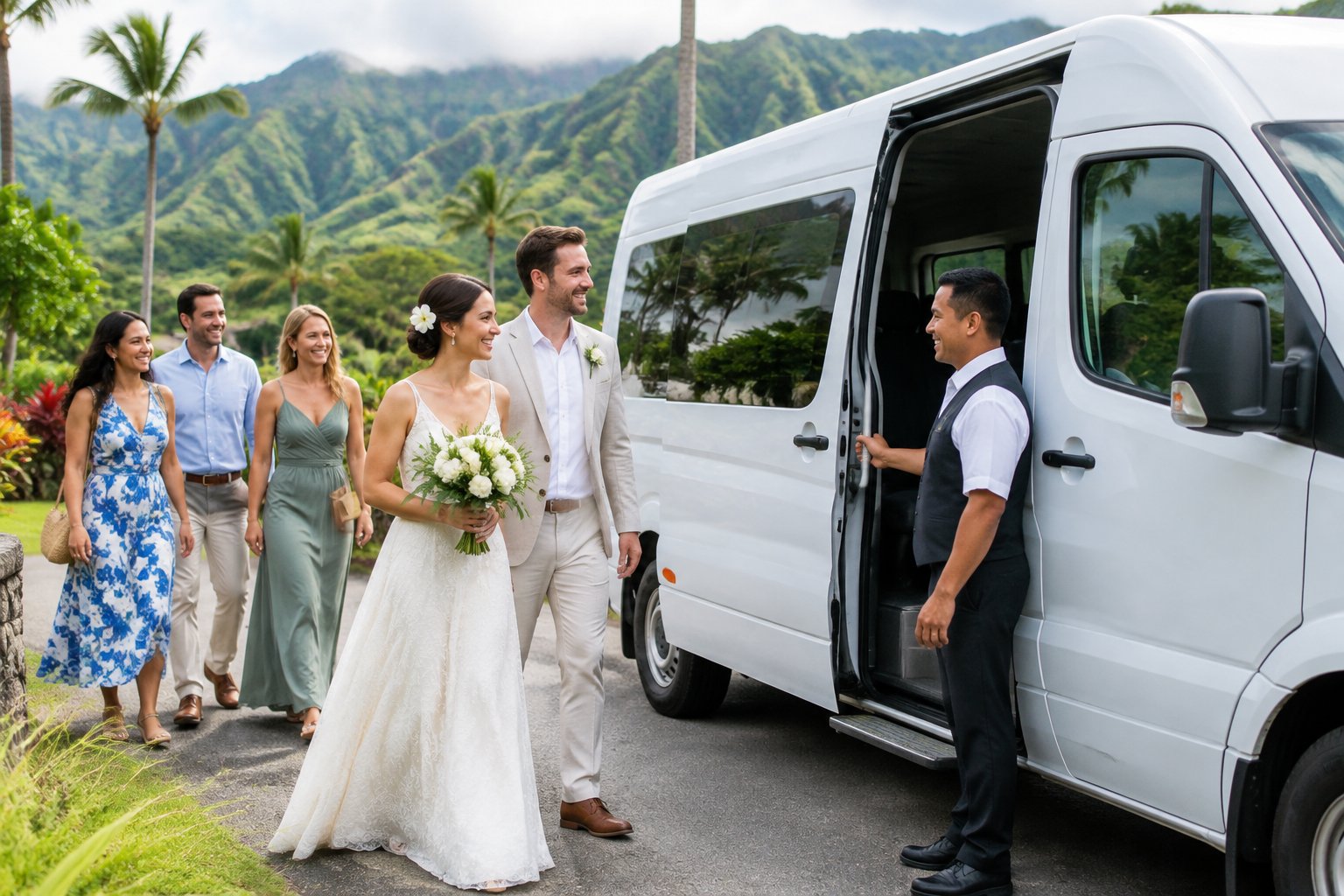 A wedding shuttle waits as a couple and their guests prepare to board at a tropical island venue.