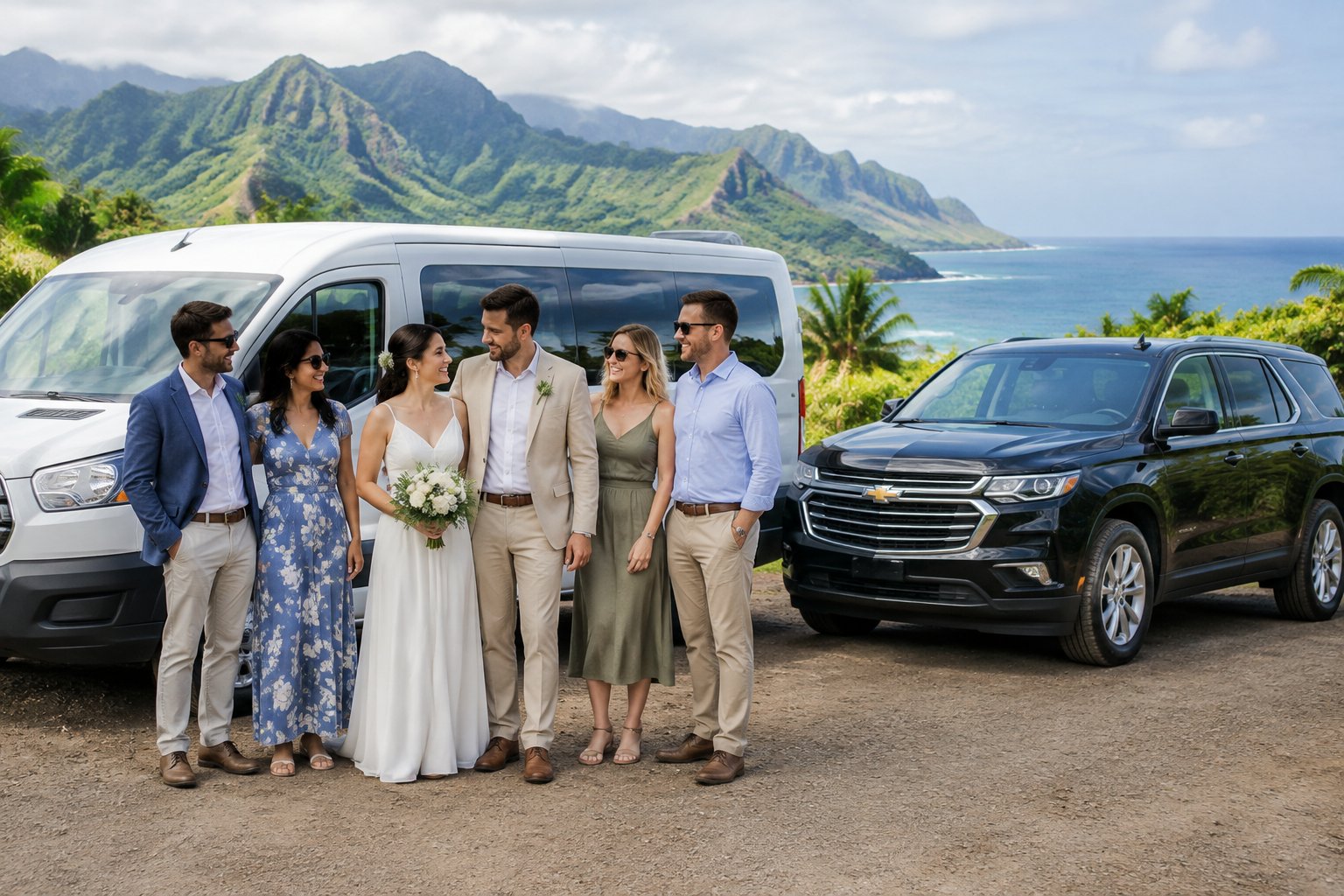A newlywed couple and wedding guests gather beside vehicles at a scenic Kauai coastal overlook.