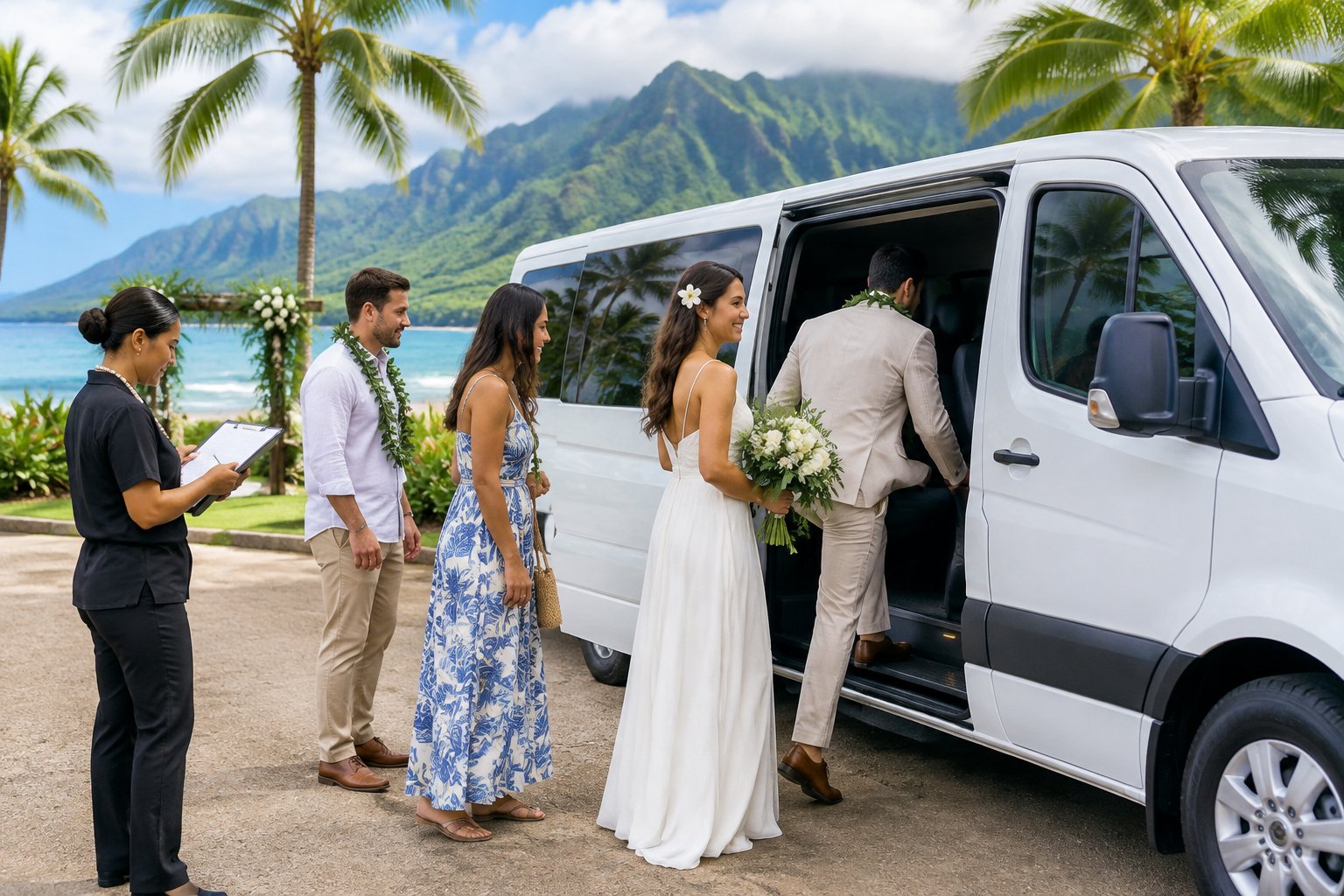 A wedding couple and guests board a shuttle van near a tropical beach.