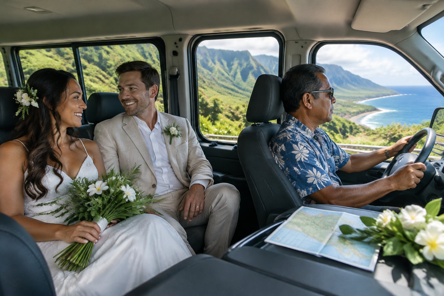 A newly married couple rides in a van along a scenic Kauai coastal road.