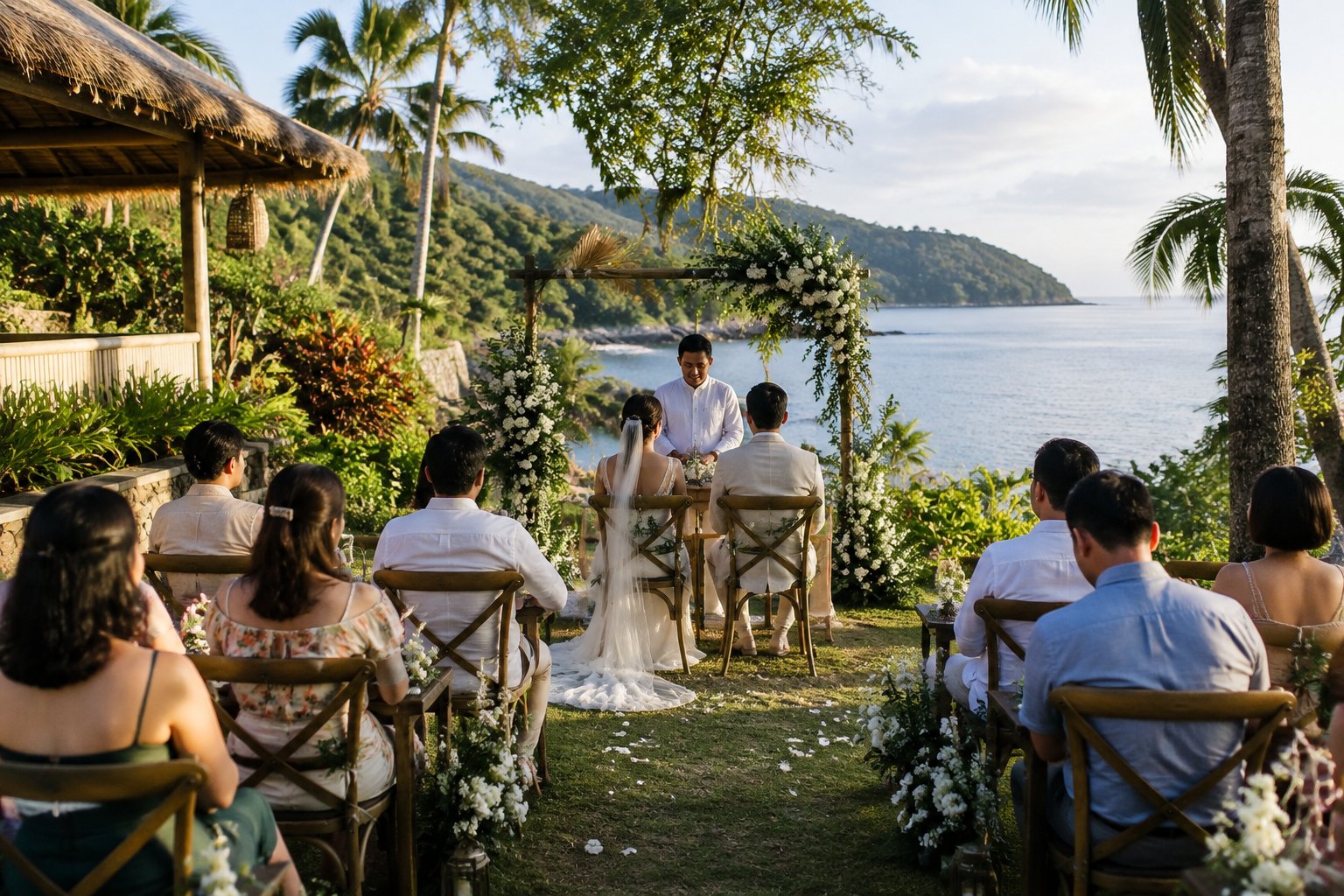 A couple exchanges vows at a small garden wedding beside a coastal bay.