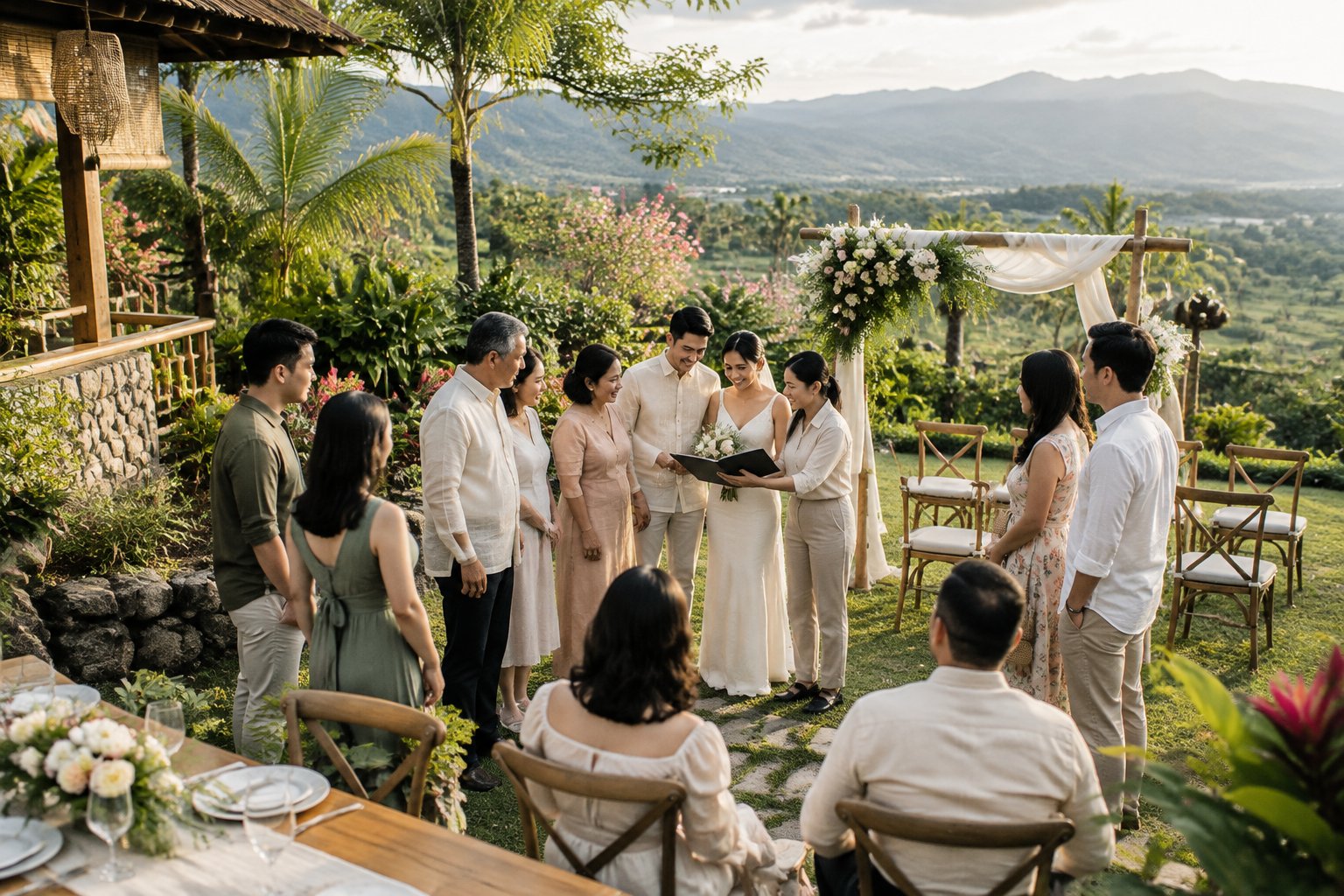 A couple and their family look over a small garden wedding venue.