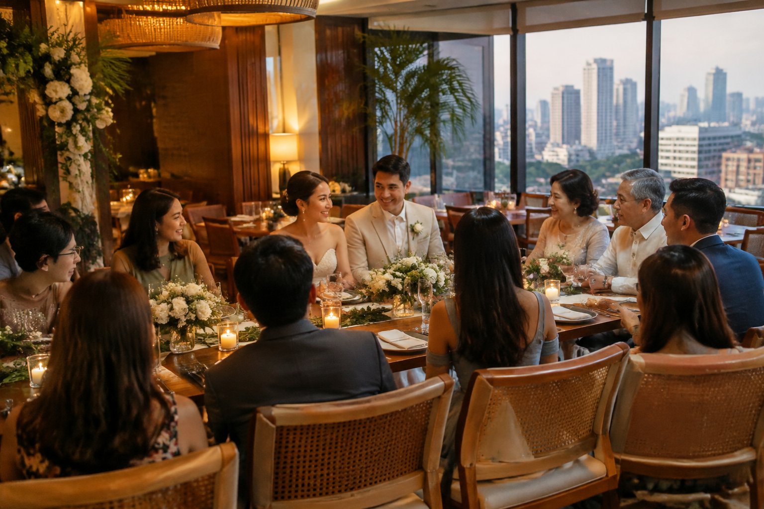 A newlywed couple celebrates with family and friends at a small restaurant reception.