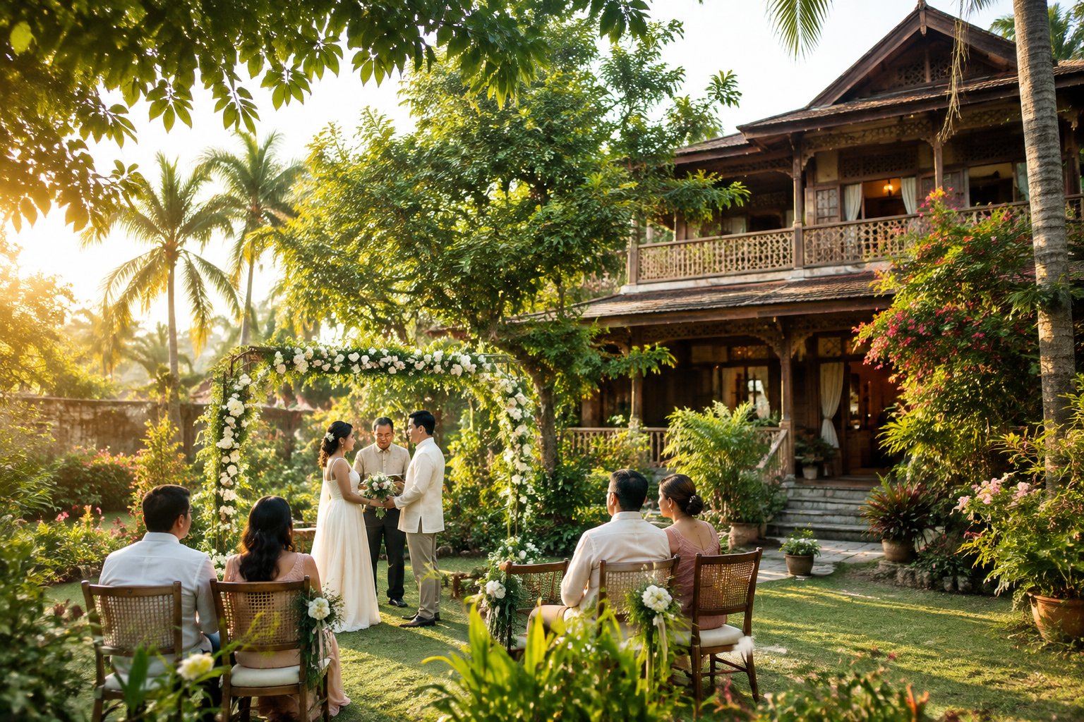 A couple and guests gather for an intimate wedding in a tropical garden beside a heritage home.
