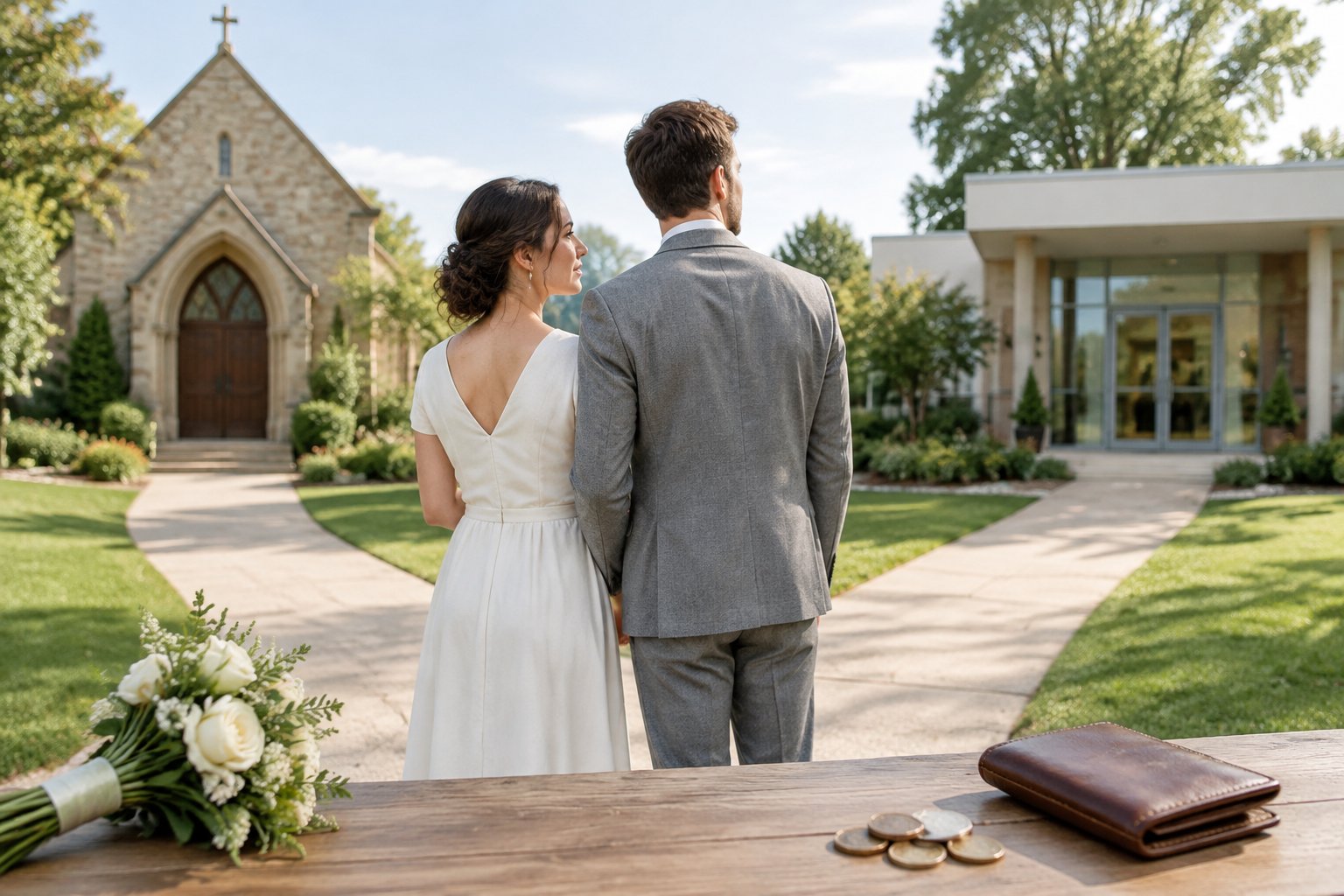 A couple considers a church and a registry office as wedding venues.